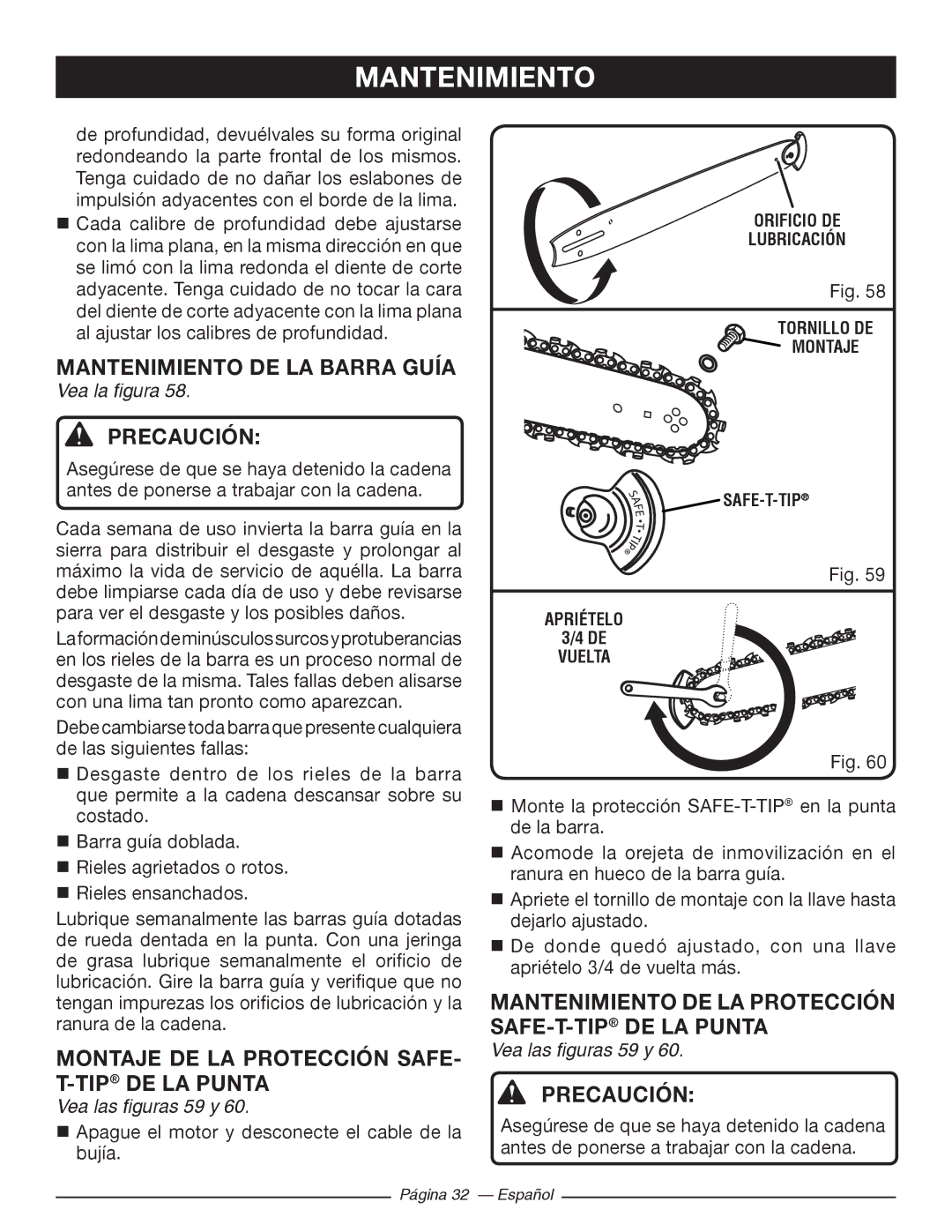 Ryobi RY10520 Mantenimiento DE LA Barra Guía, Montaje DE LA Protección SAFE- T-TIPDE LA Punta, Vea las figuras 59 y 