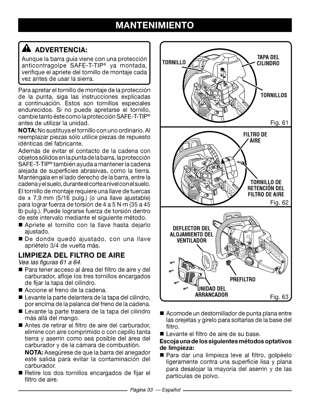 Ryobi RY10518, RY10520 manuel dutilisation Limpieza DEL Filtro DE Aire, Vea las figuras 61 a 