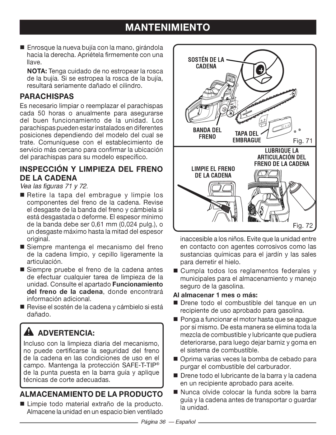 Ryobi RY10520, RY10518 Parachispas, Inspección Y Limpieza DEL Freno DE LA Cadena, Almacenamiento DE LA Producto 