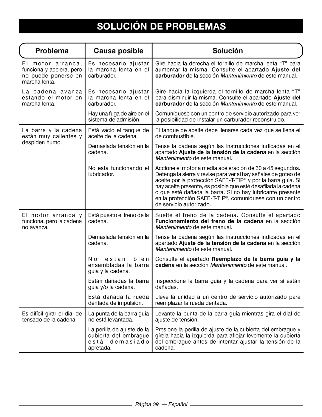 Ryobi RY10518, RY10520 manuel dutilisation Funcionamiento del freno de la cadena en la sección 