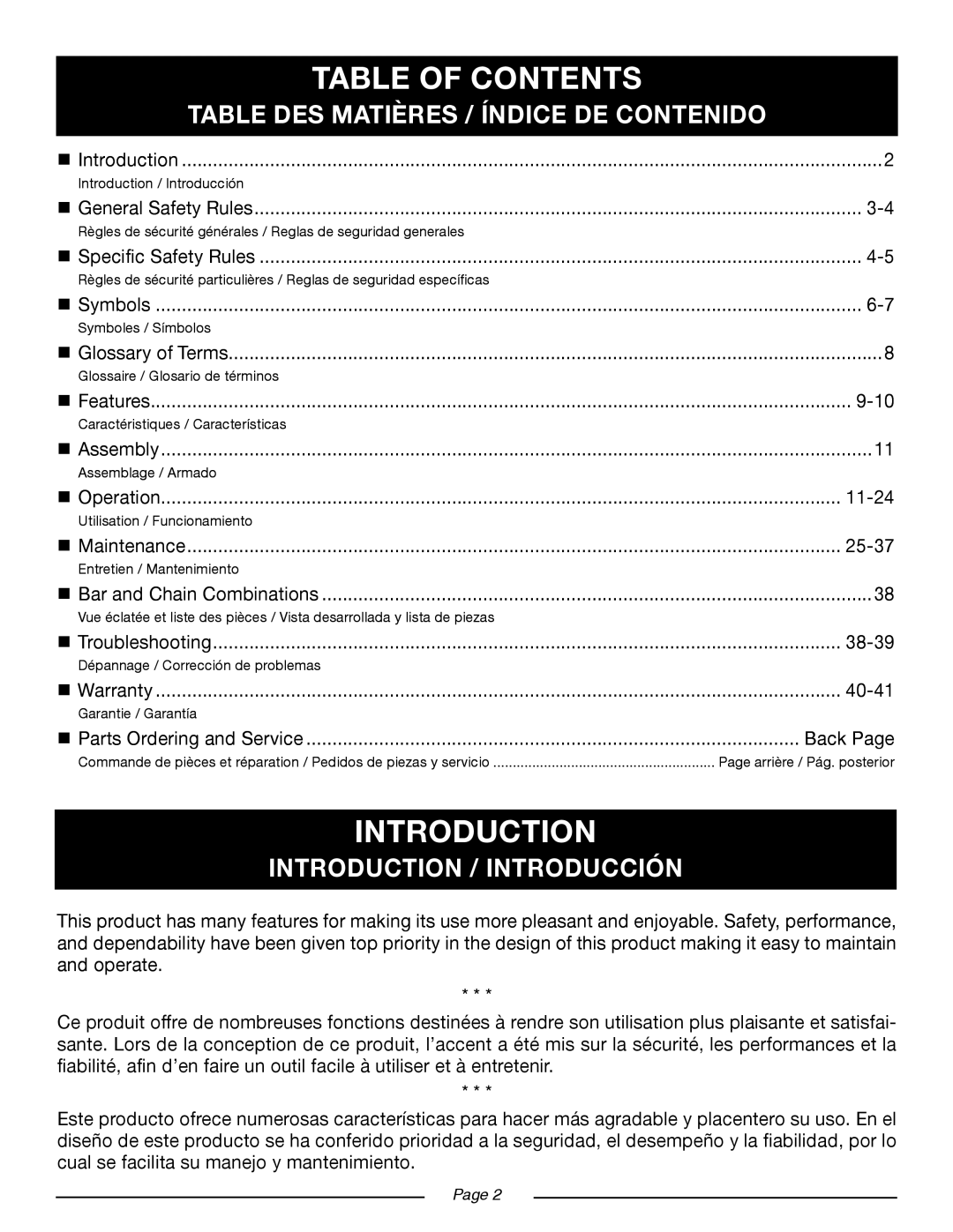 Ryobi RY10520, RY10518 manuel dutilisation Table of Contents 