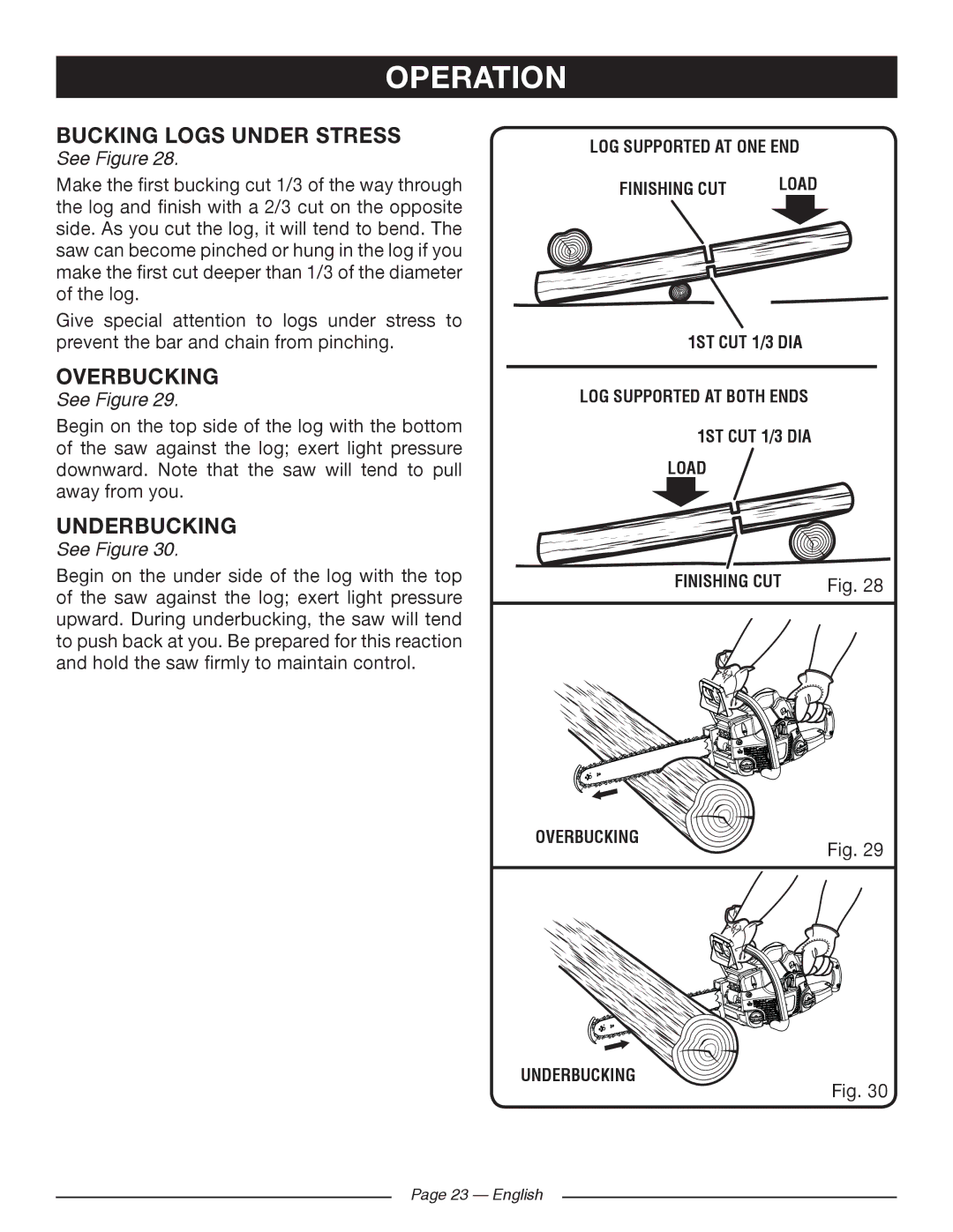 Ryobi RY10518, RY10520 manuel dutilisation Bucking Logs Under Stress, Overbucking, Underbucking 