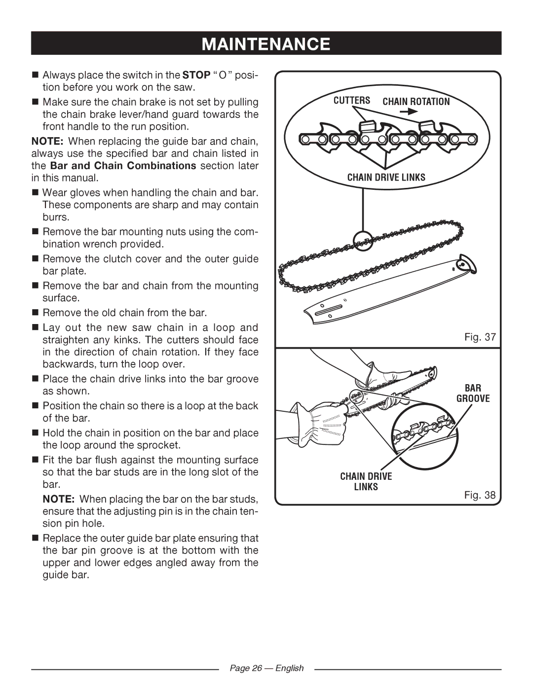 Ryobi RY10520, RY10518 manuel dutilisation Cutters Chain Rotation Chain Drive Links BAR Groove 