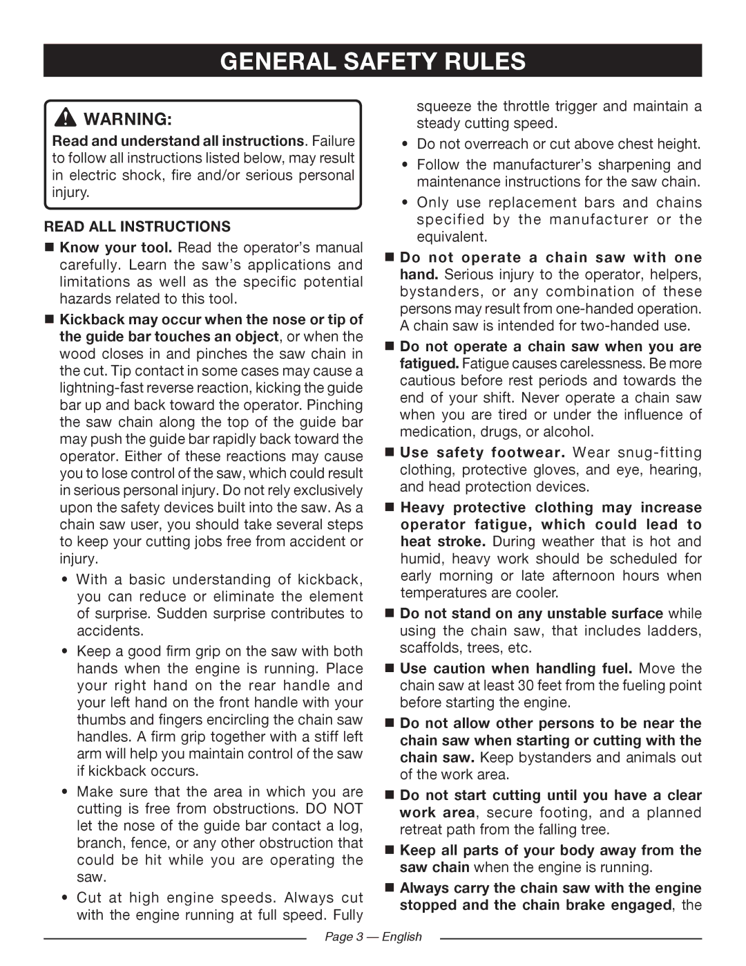 Ryobi RY10518, RY10520 General Safety Rules, Read ALL Instructions,  Use safety footwear. Wear snug-fitting 