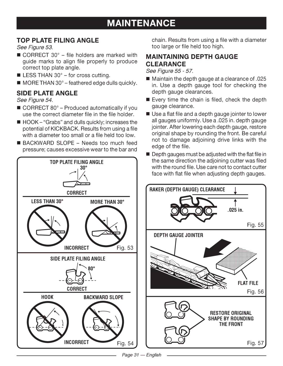 Ryobi RY10518, RY10520 manuel dutilisation TOP Plate Filing Angle, Side Plate Angle, Maintaining Depth Gauge Clearance, See 