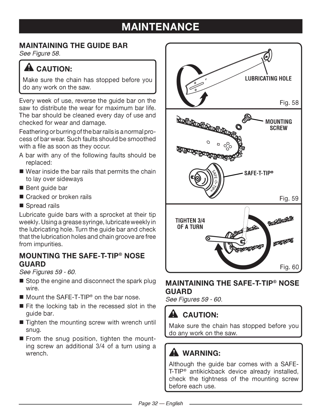 Ryobi RY10520, RY10518 Maintaining the Guide BAR, Mounting the SAFE-T-TIPNOSE Guard, Maintaining the SAFE-T-TIPNOSE Guard 