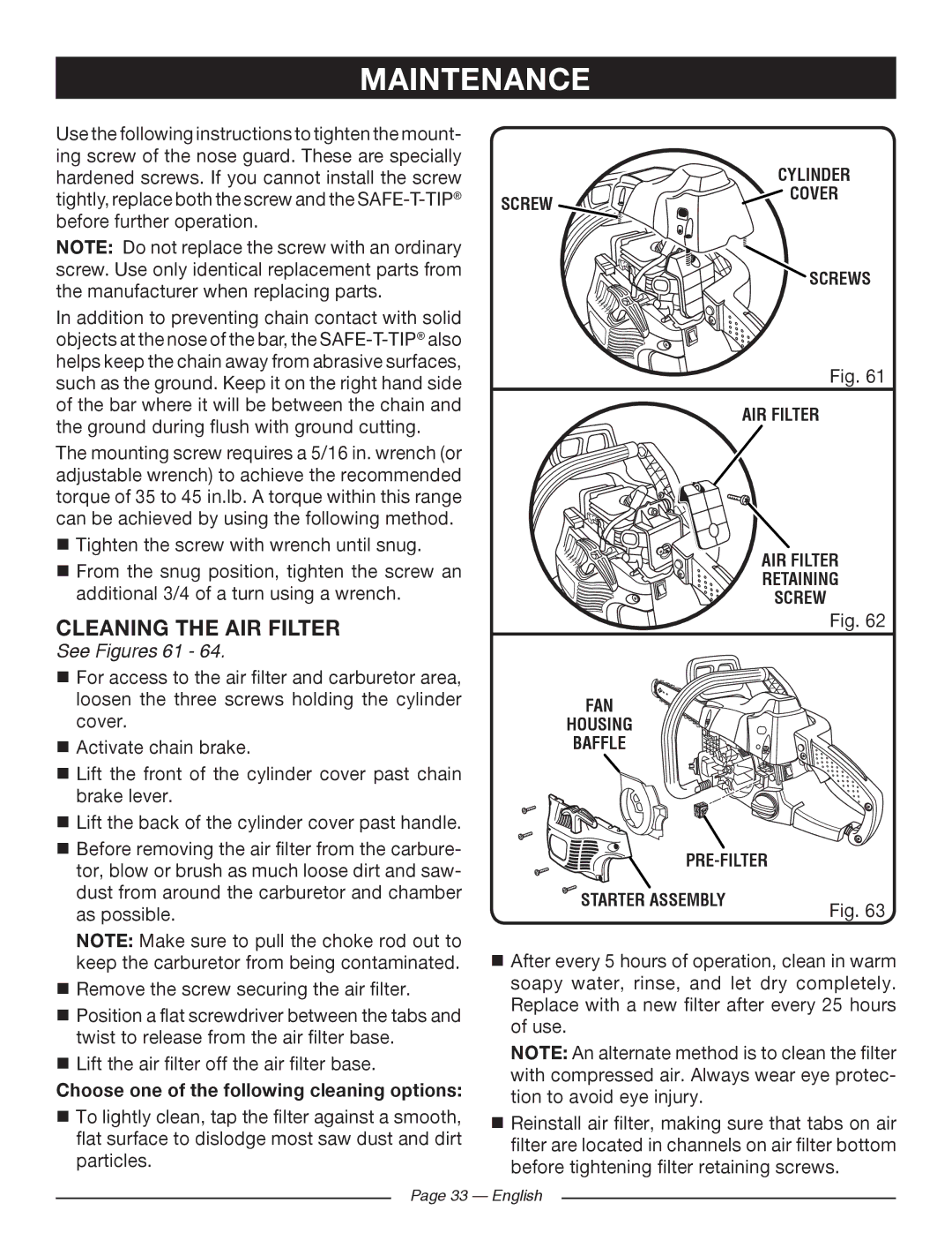 Ryobi RY10518, RY10520 Cleaning the AIR Filter, See Figures 61, Choose one of the following cleaning options 