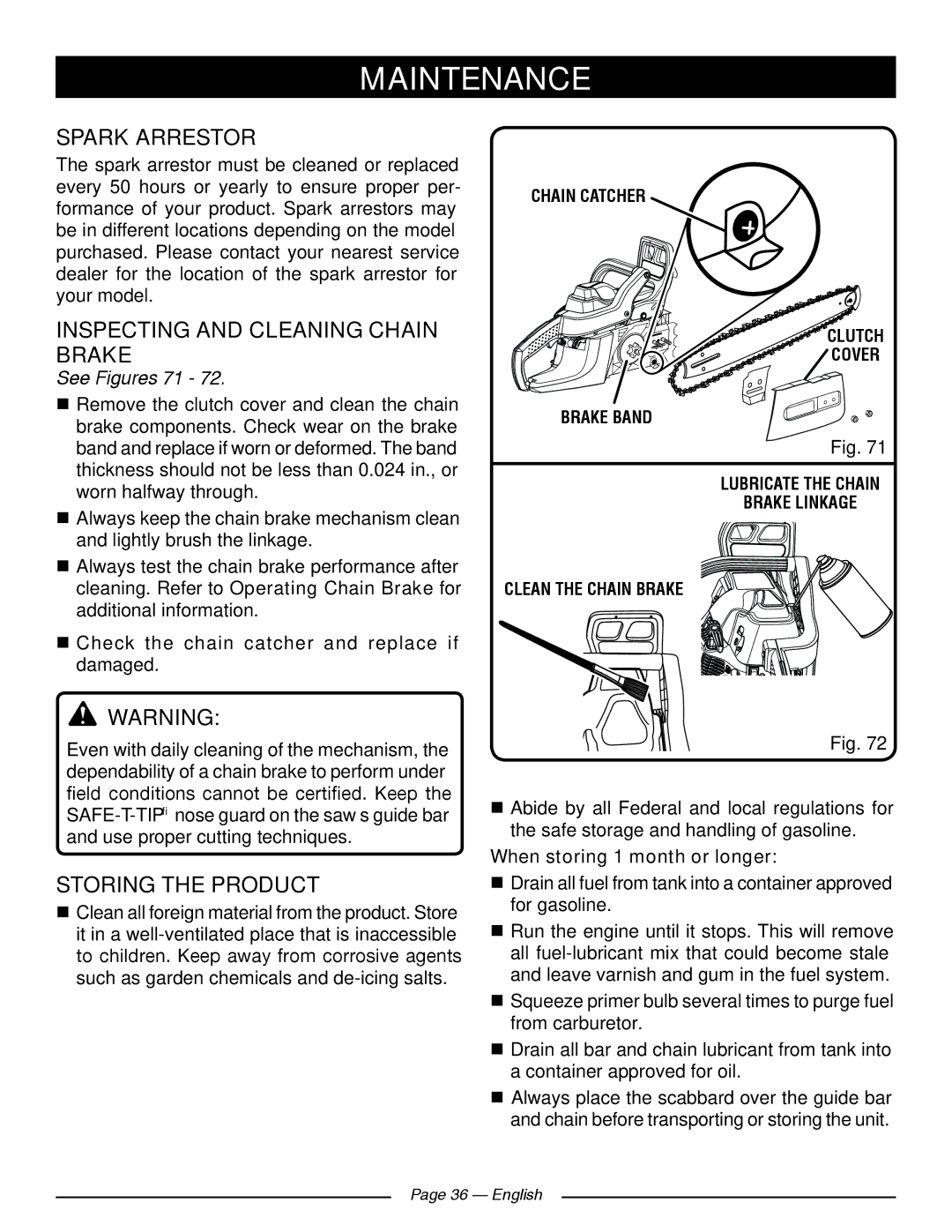 Ryobi RY10520, RY10518 Spark Arrestor, Inspecting and Cleaning Chain Brake, Storing the Product, See Figures 71 