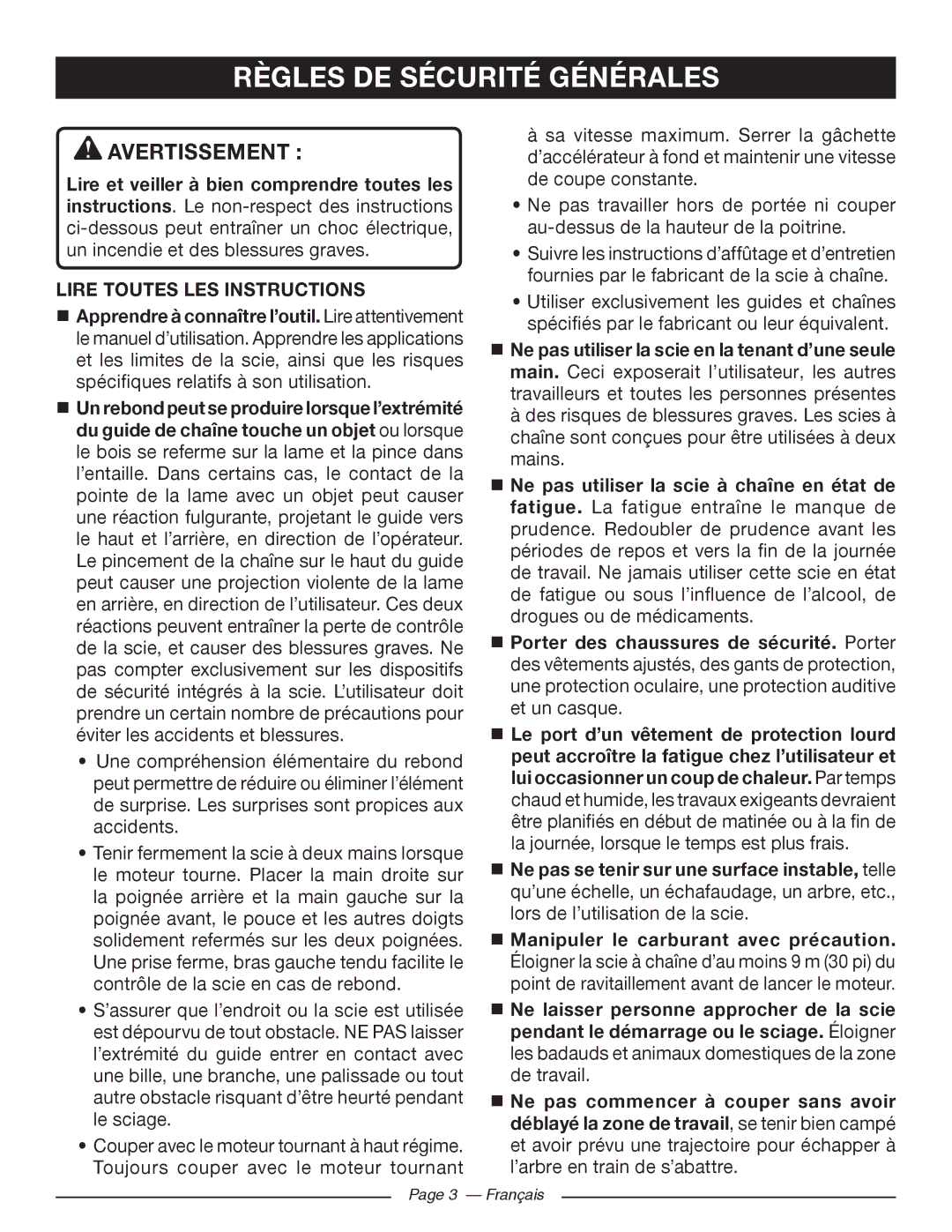 Ryobi RY10520, RY10518 manuel dutilisation Règles DE Sécurité Générales, Avertissement , Lire Toutes LES Instructions 