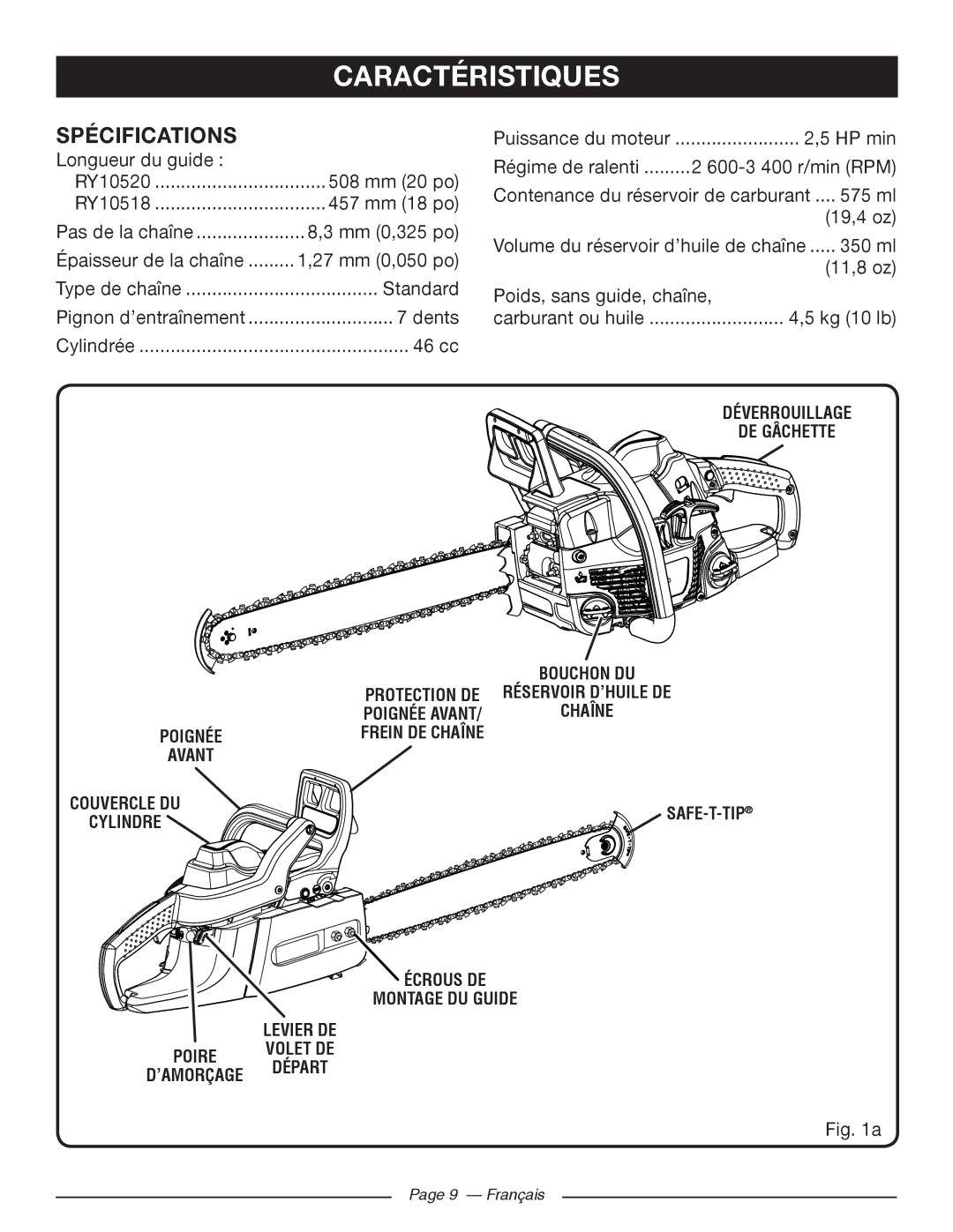 Ryobi RY10520, RY10518 manuel dutilisation Caractéristiques, Spécifications 