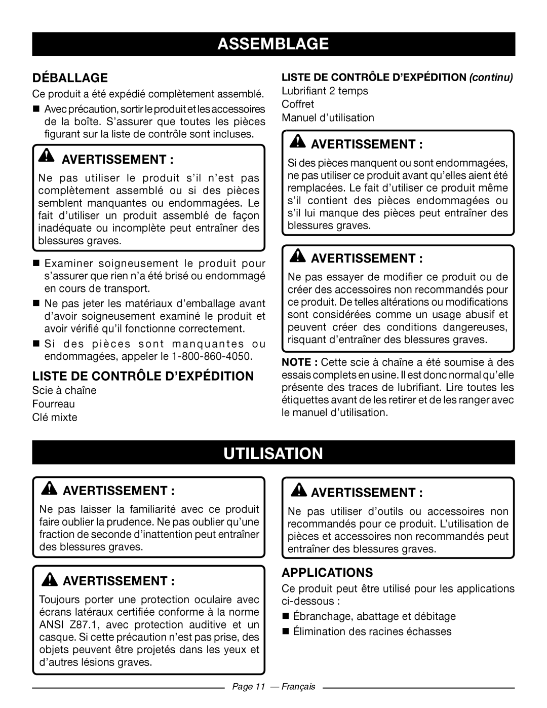 Ryobi RY10520, RY10518 manuel dutilisation Assemblage, Utilisation, Déballage, Liste DE Contrôle D’EXPÉDITION continu 