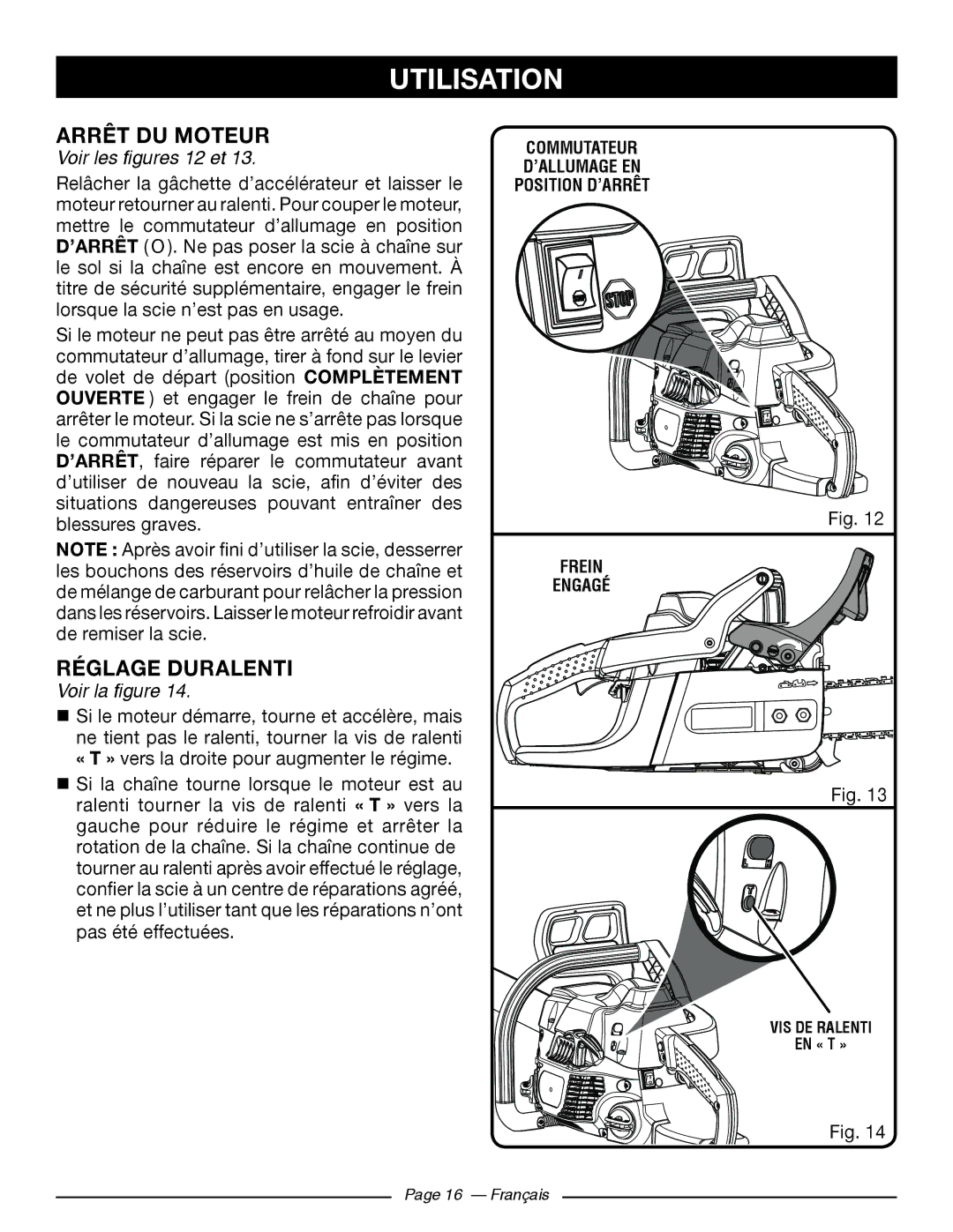 Ryobi RY10518, RY10520 manuel dutilisation Arrêt DU Moteur, Réglage Duralenti, Voir les figures 12 et 