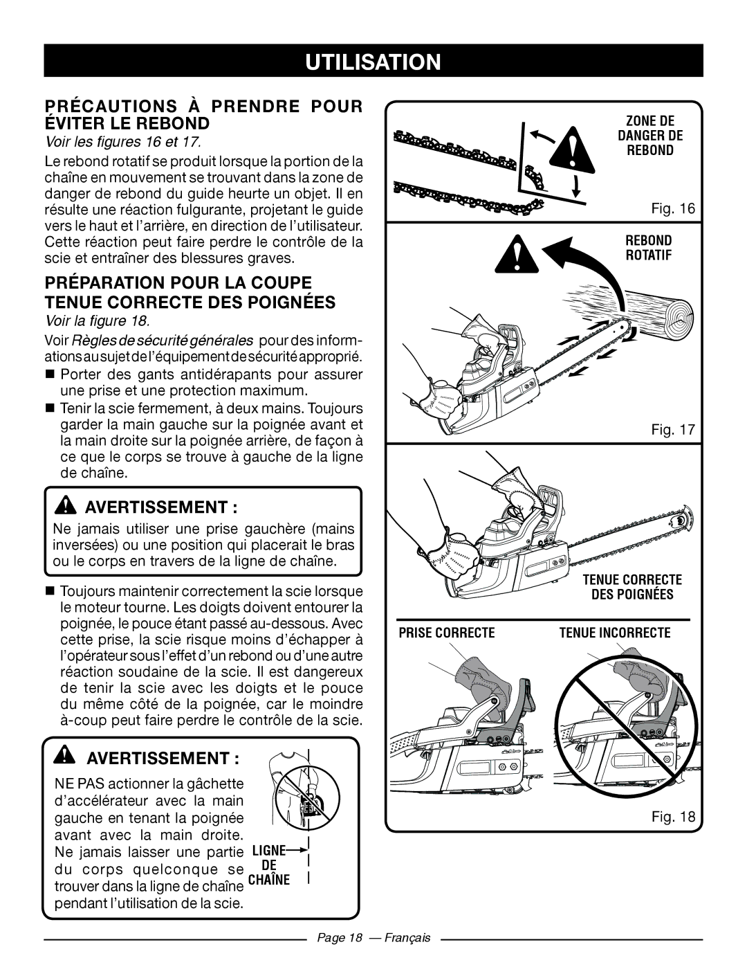 Ryobi RY10518, RY10520 manuel dutilisation Précautions À Prendre Pour Éviter LE Rebond, Voir les figures 16 et 