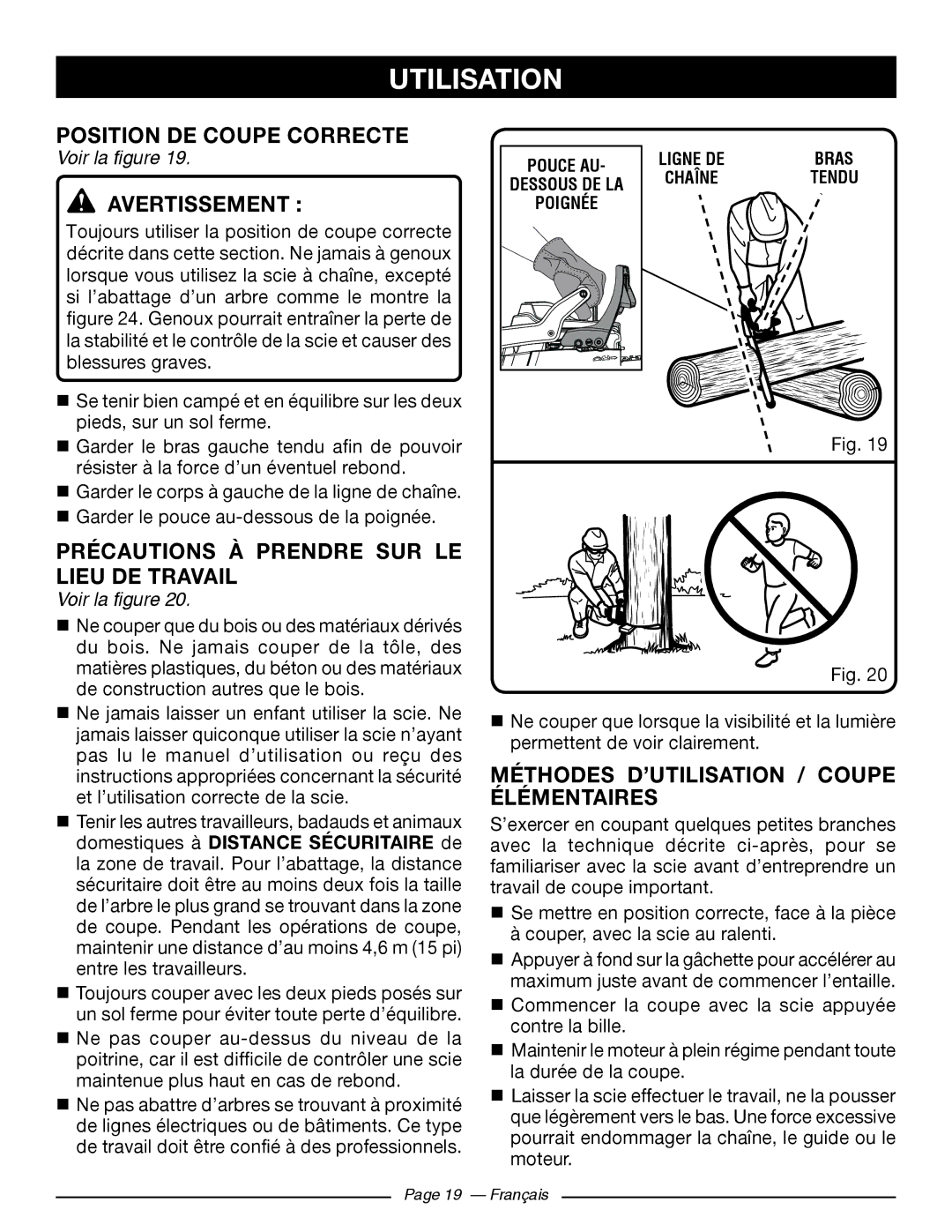 Ryobi RY10520, RY10518 manuel dutilisation Position DE Coupe Correcte, Précautions À Prendre SUR LE Lieu DE Travail 