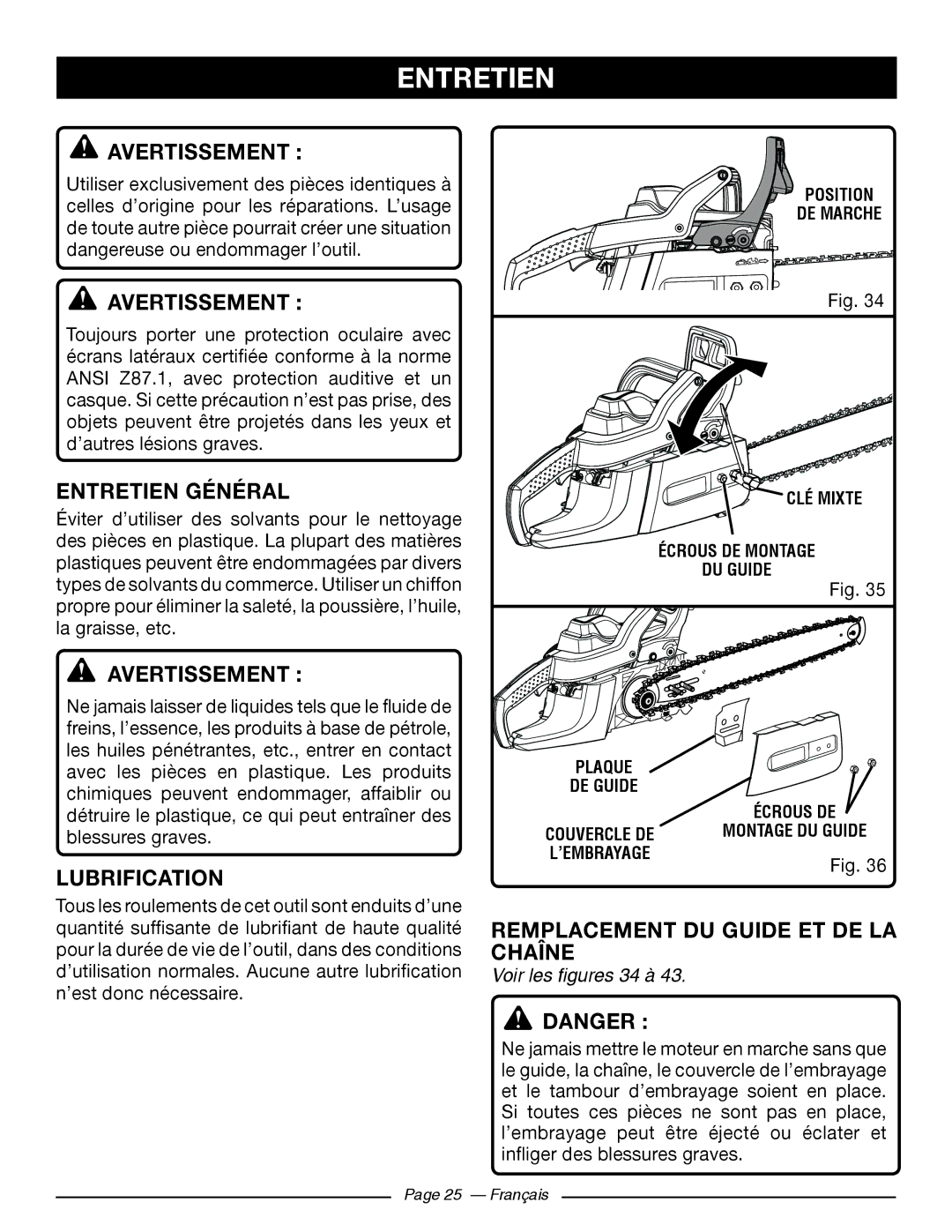 Ryobi RY10520, RY10518 Entretien Général, Lubrification, Remplacement DU Guide ET DE LA Chaîne, Voir les figures 34 à 