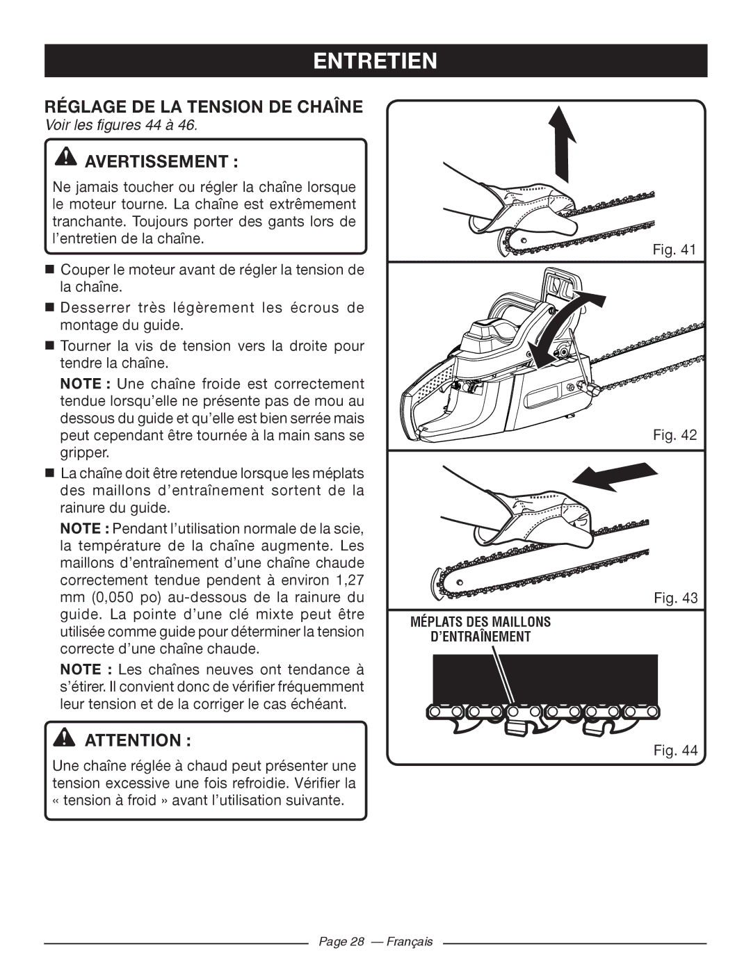 Ryobi RY10518, RY10520 manuel dutilisation Réglage DE LA Tension DE Chaîne, Voir les figures 44 à 