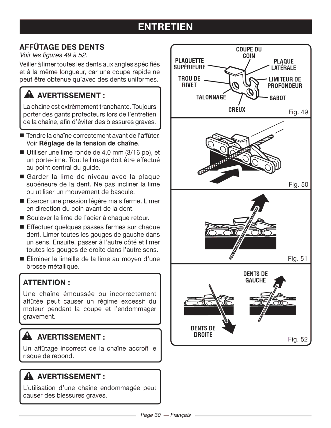 Ryobi RY10518, RY10520 manuel dutilisation Affûtage DES Dents, Voir les figures 49 à, Voir Réglage de la tension de chaîne 