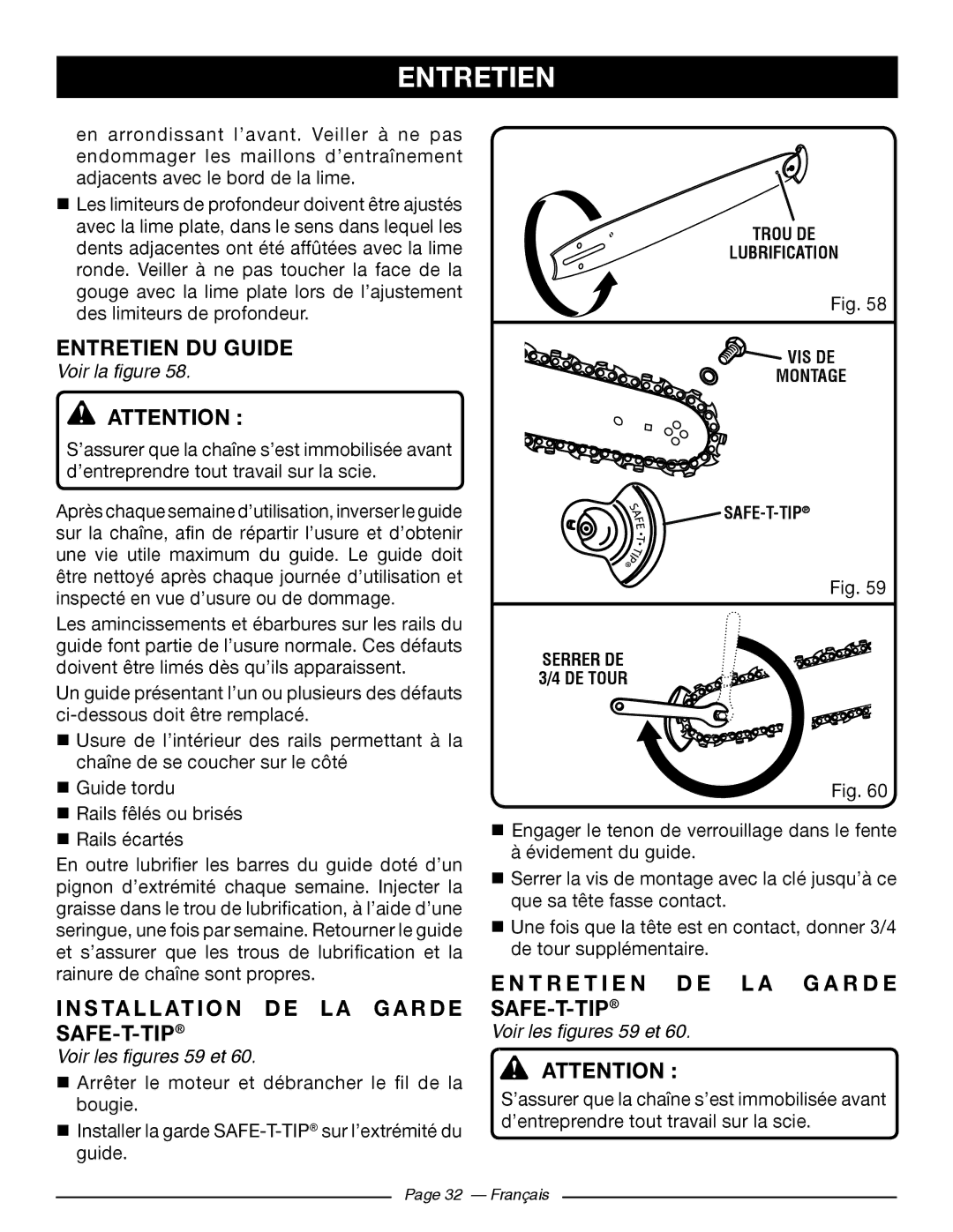 Ryobi RY10518, RY10520 Entretien DU Guide, Installation DE LA Garde SAFE-T-TIP, T R E T I E N D E L a G a R D E SAFE-T-TIP 