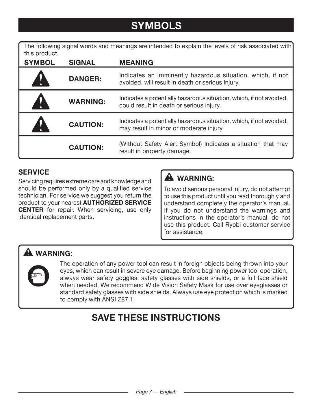 Ryobi RY10518, RY10520 manuel dutilisation Symbol Signal Meaning, Service 