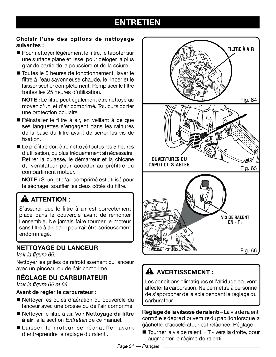 Ryobi RY10518, RY10520 manuel dutilisation Nettoyage DU Lanceur, Réglage DU Carburateur, Avertissement, Voir le et 