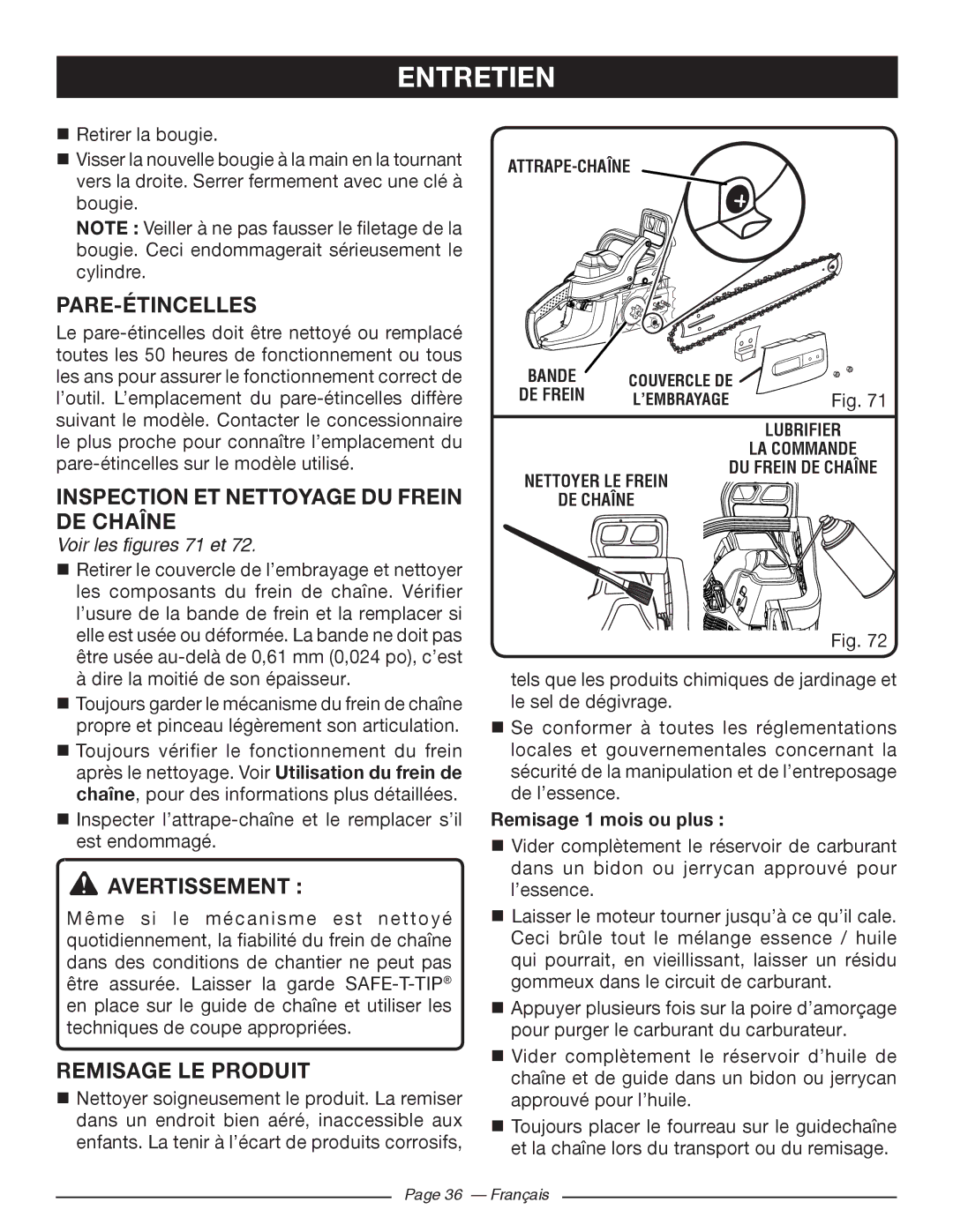 Ryobi RY10518 Pare-Étincelles, Inspection ET Nettoyage DU Frein DE Chaîne, Remisage LE Produit, Voir les figures 71 et 