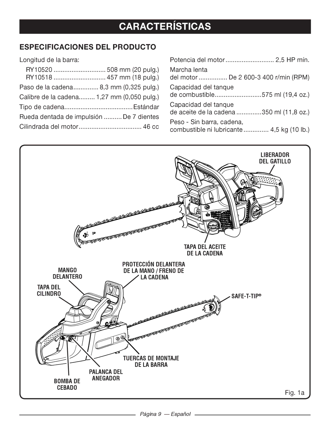 Ryobi RY10518, RY10520 manuel dutilisation Características, Especificaciones DEL Producto 