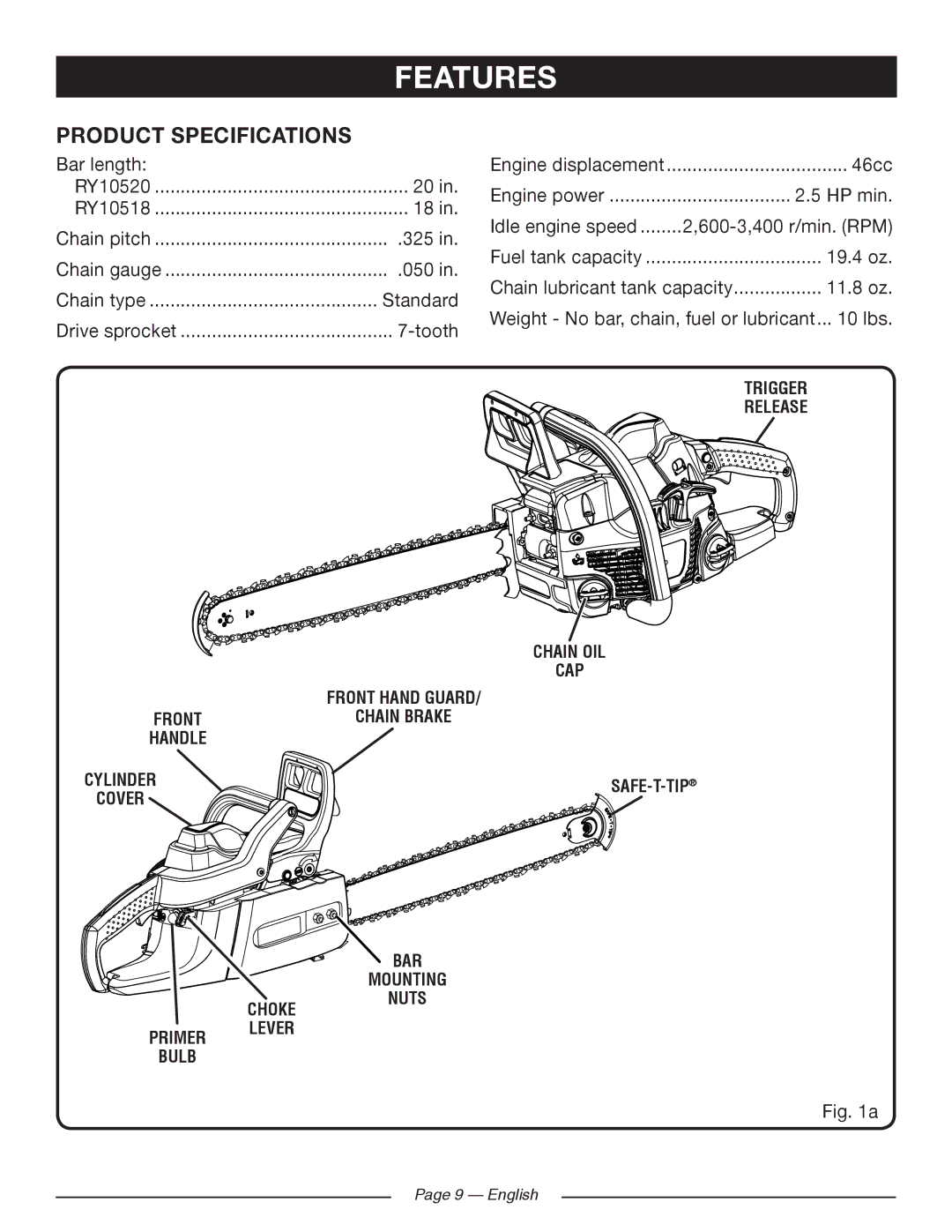 Ryobi RY10518, RY10520 manuel dutilisation Features, Product Specifications 