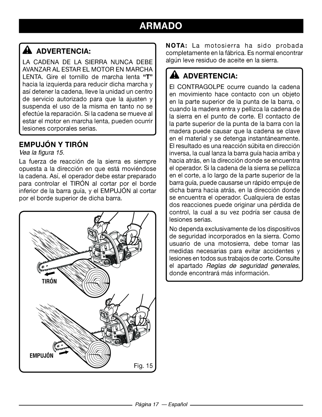 Ryobi RY10518, RY10520 manuel dutilisation Advertencia, Empujón Y Tirón 