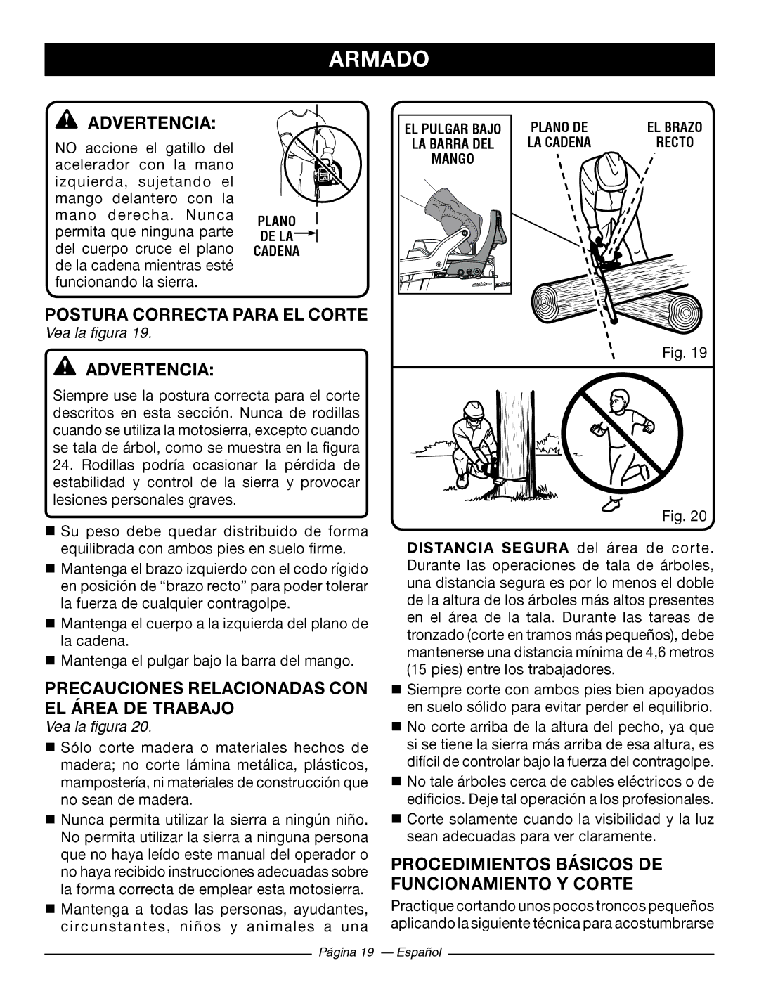 Ryobi RY10518, RY10520 manuel dutilisation Postura Correcta Para EL Corte, Precauciones Relacionadas CON EL Área DE Trabajo 