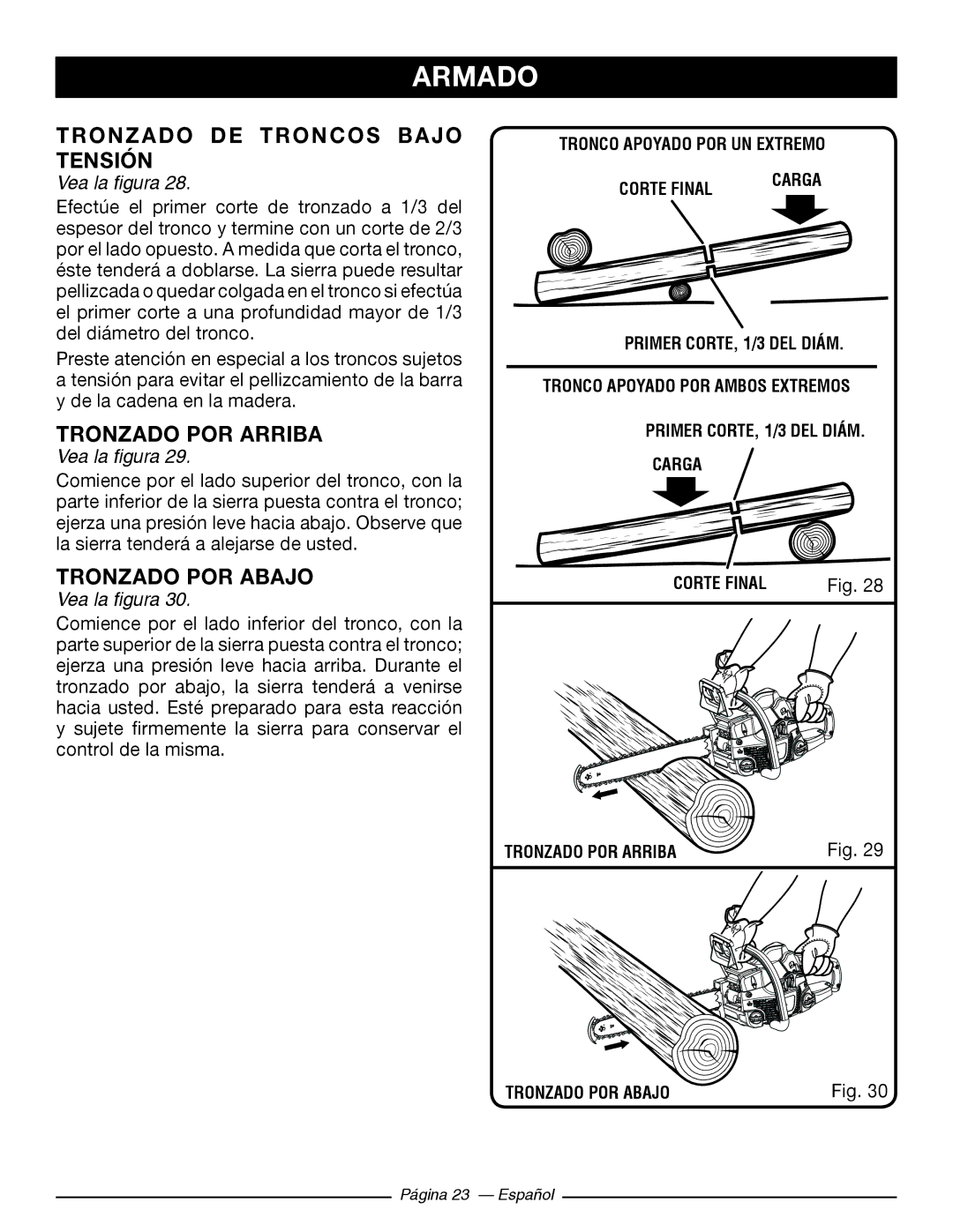 Ryobi RY10518, RY10520 manuel dutilisation Tronzado DE Troncos Bajo Tensión, Tronzado POR Arriba, Tronzado POR Abajo 