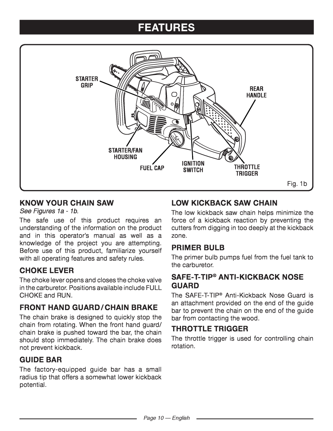 Ryobi RY10520 Know Your Chain Saw, Choke Lever, Front Hand Guard / Chain Brake, Low Kickback Saw Chain, Primer Bulb 