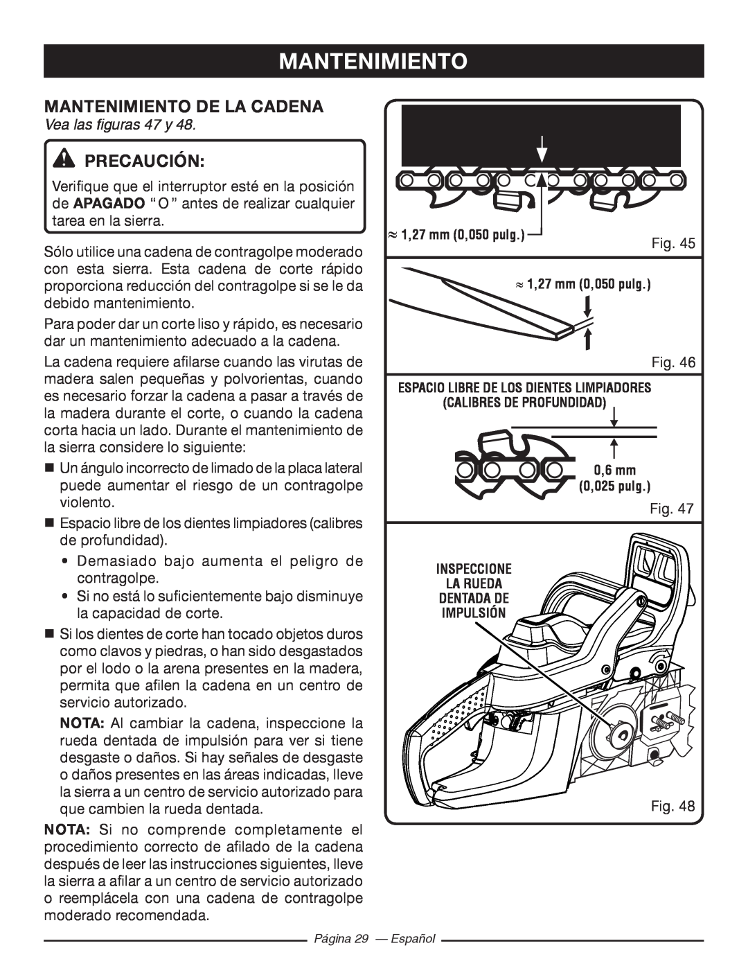 Ryobi RY10518, RY10520 manuel dutilisation Mantenimiento De La Cadena, Vea las figuras 47 y, Precaución 