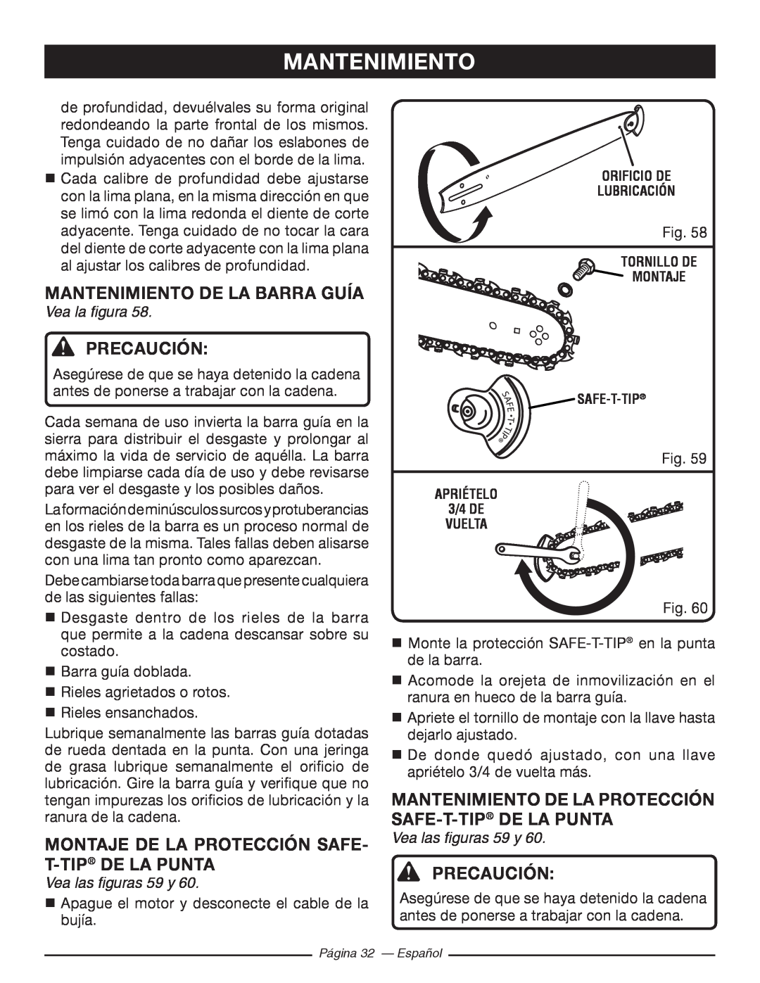 Ryobi RY10520 Mantenimiento De La Barra Guía, Montaje De La Protección Safe- T-Tip De La Punta, Vea las figuras 59 y 