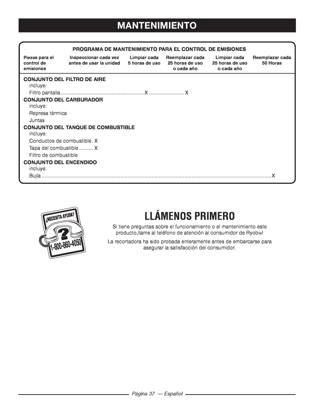Ryobi RY10518, RY10520 manuel dutilisation Llámenos Primero, Mantenimiento, Página 37 - Español 