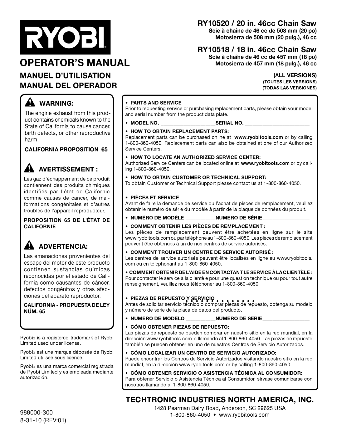 Ryobi Operator’S Manual, RY10520 / 20 in. 46cc Chain Saw, RY10518 / 18 in. 46cc Chain Saw, Manuel D’Utilisation 