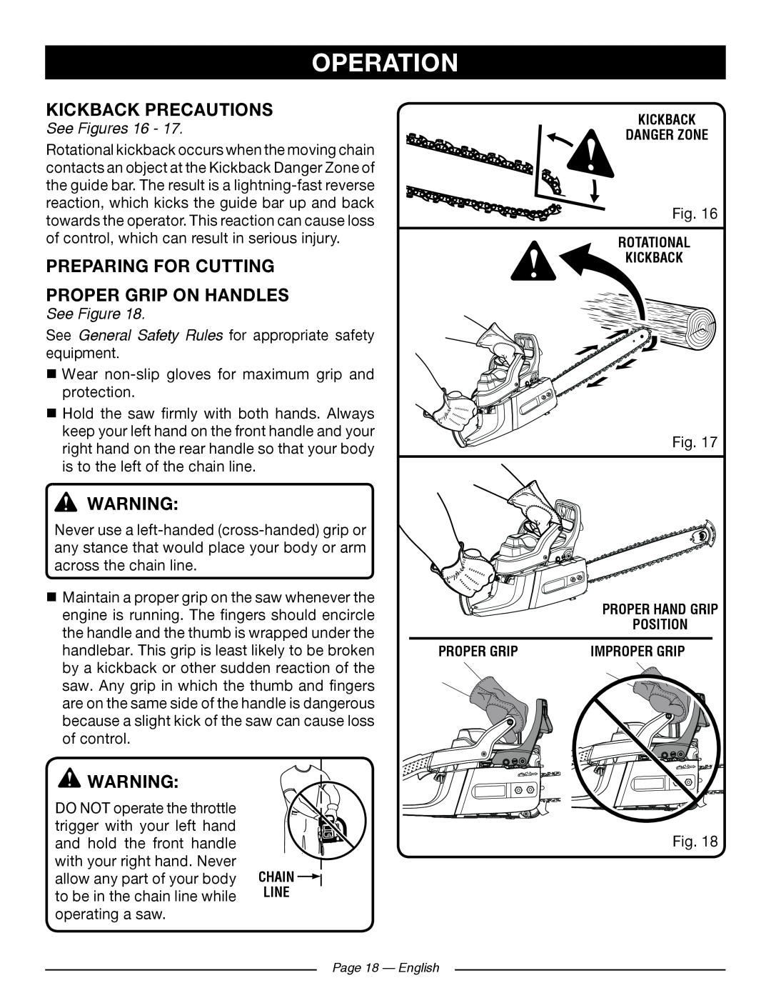 Ryobi RY10520, RY10518 Kickback Precautions, Preparing For Cutting Proper Grip On Handles, See Figures 16, Operation 