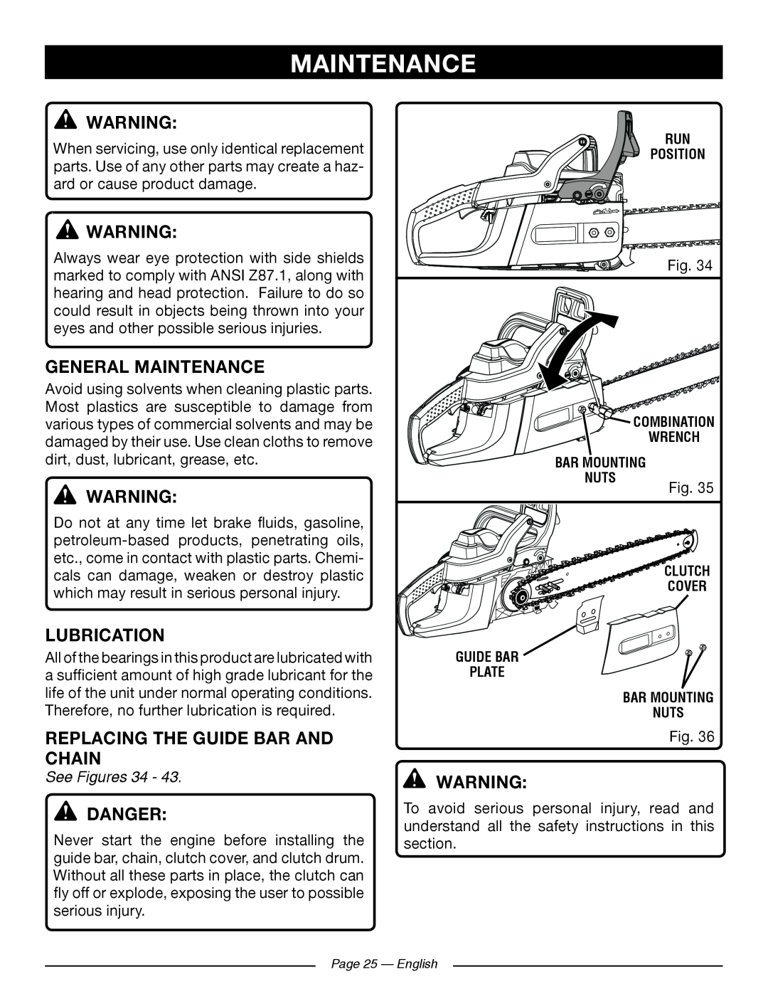 Ryobi RY10518, RY10520 General Maintenance, Lubrication, Replacing The Guide Bar And Chain, See Figures 34, Danger 