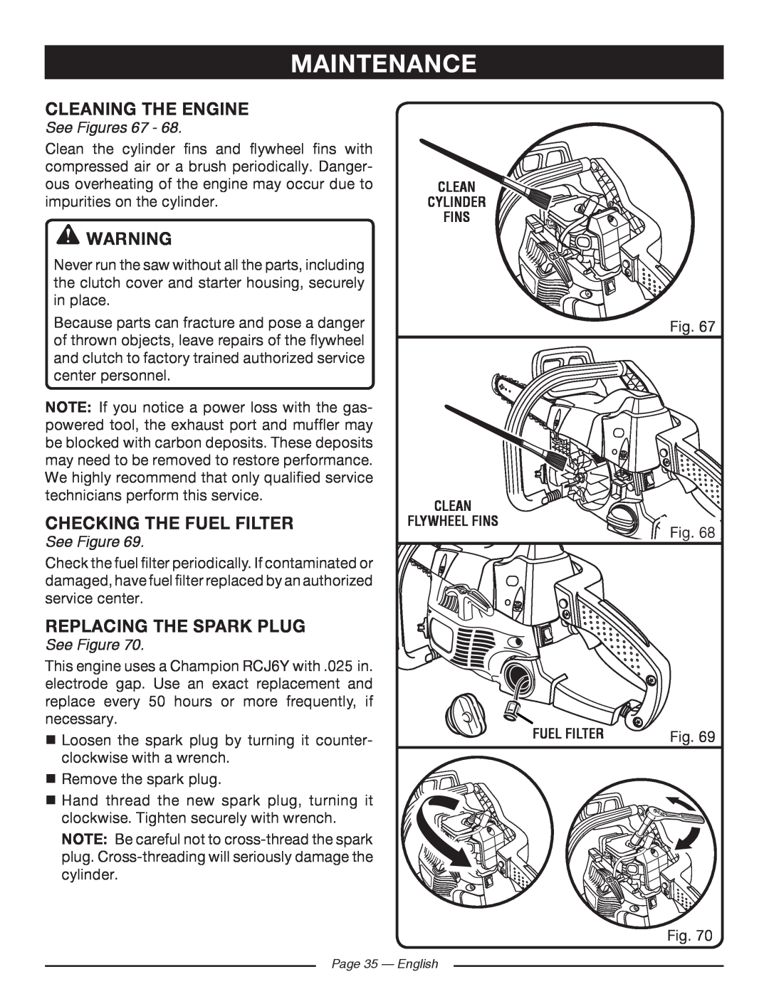 Ryobi RY10518 Cleaning The Engine, Checking The Fuel Filter, Replacing The Spark Plug, See Figures 67, Maintenance 