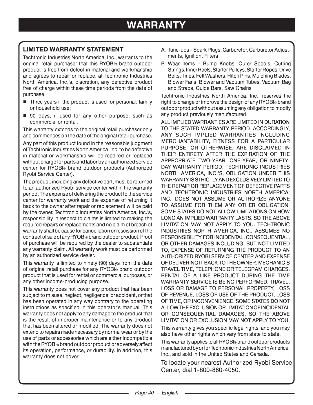 Ryobi RY10520, RY10518 manuel dutilisation Limited Warranty Statement, Page 40 - English 