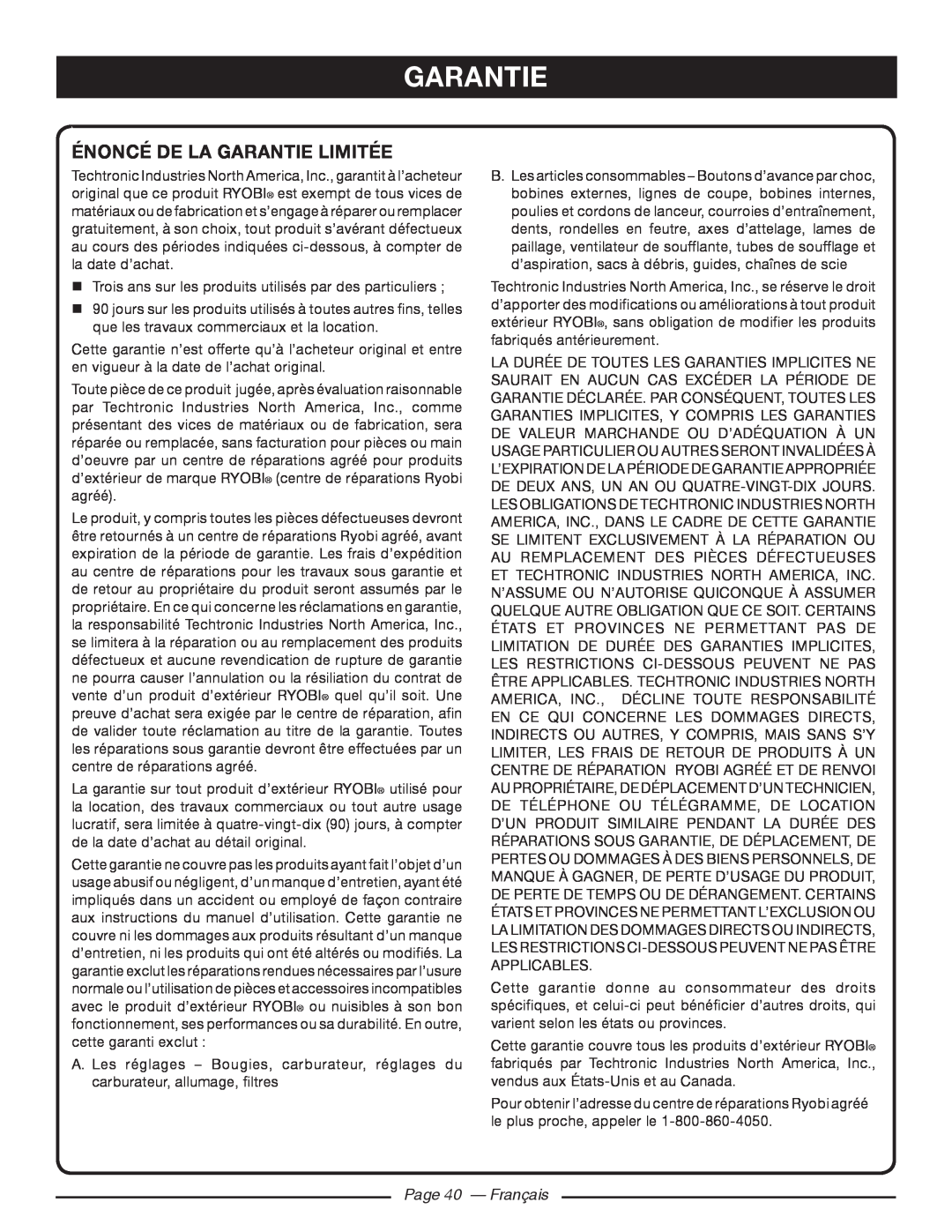 Ryobi RY10518, RY10520 manuel dutilisation Énoncé De La Garantie Limitée, Page 40 - Français 