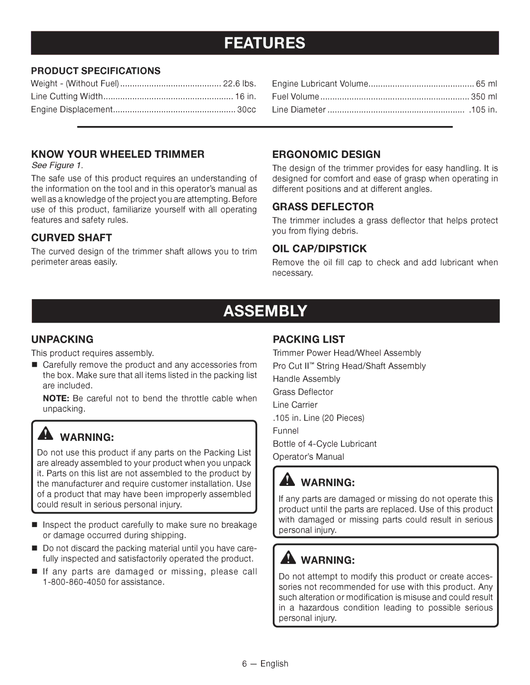 Ryobi RY13010 manuel dutilisation Features, Assembly 