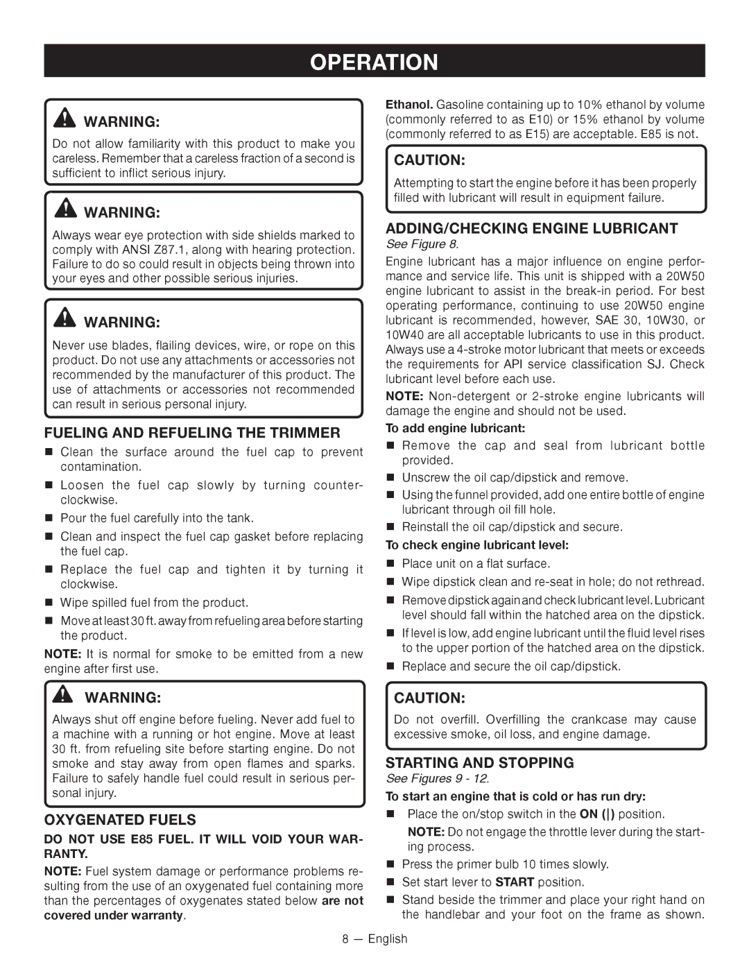 Ryobi RY13010 Operation, Fueling and Refueling the trimmer, ADDING/checking engine lubricant, Oxygenated Fuels 