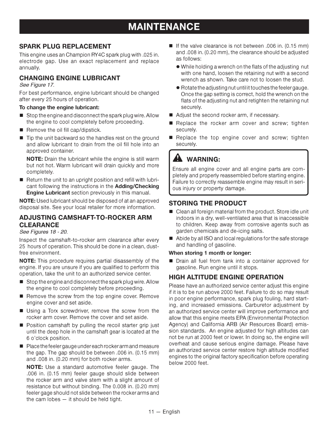 Ryobi RY13010 Spark Plug replacement, Changing engine lubricant, Adjusting camshaft-to-rocker arm clearance­ 