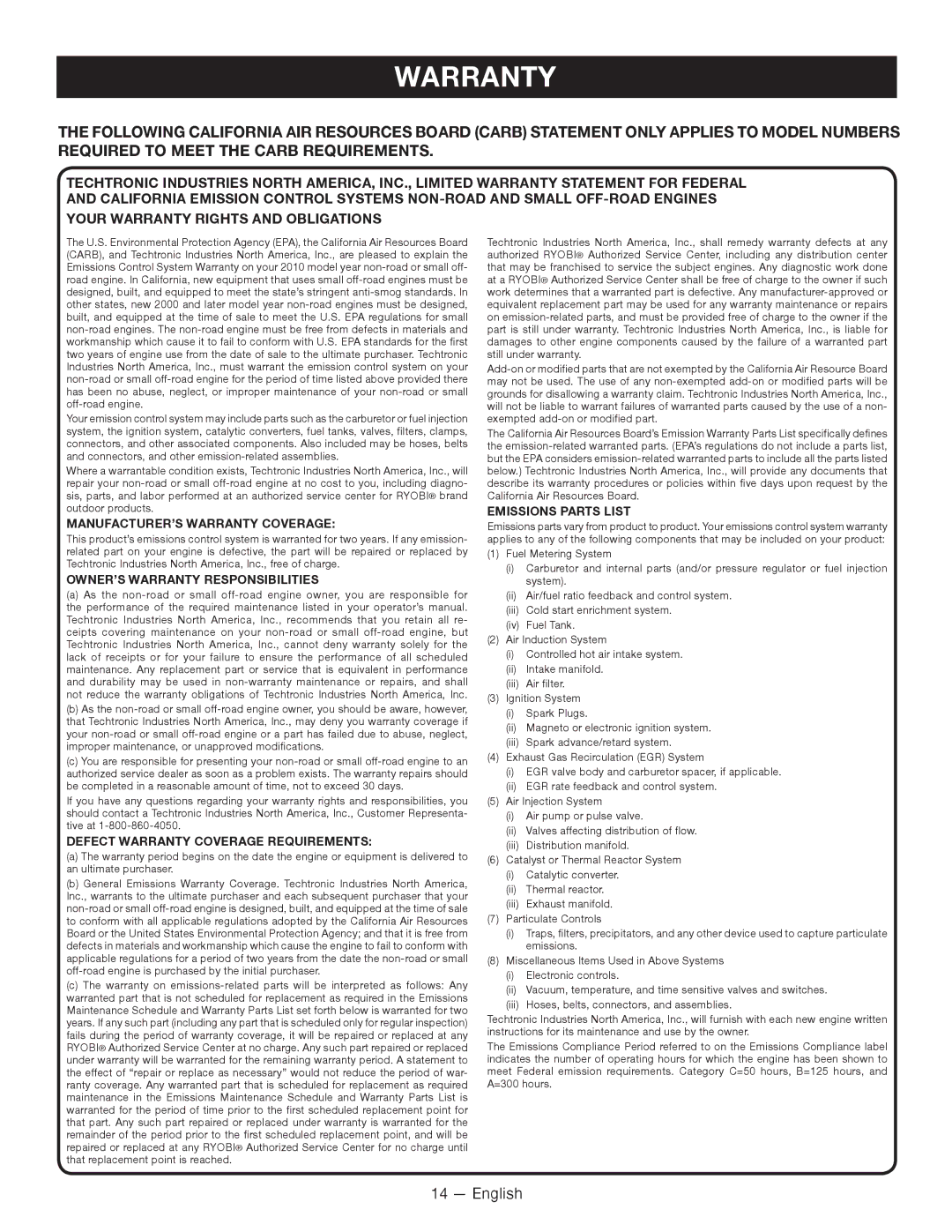 Ryobi RY13010 manuel dutilisation MANUFACTURER’S Warranty Coverage 