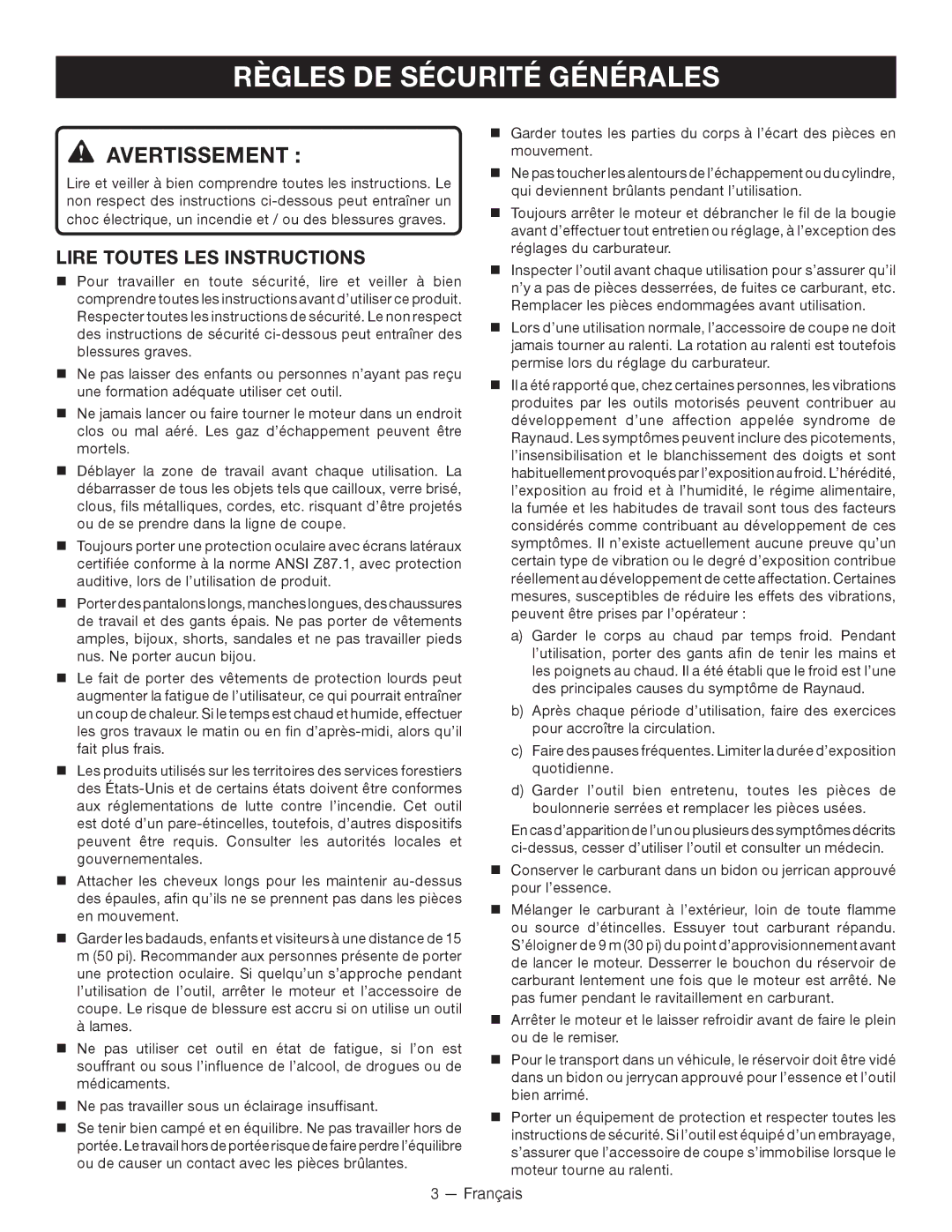 Ryobi RY13010 manuel dutilisation Règles DE Sécurité Générales, Lire Toutes LES Instructions 