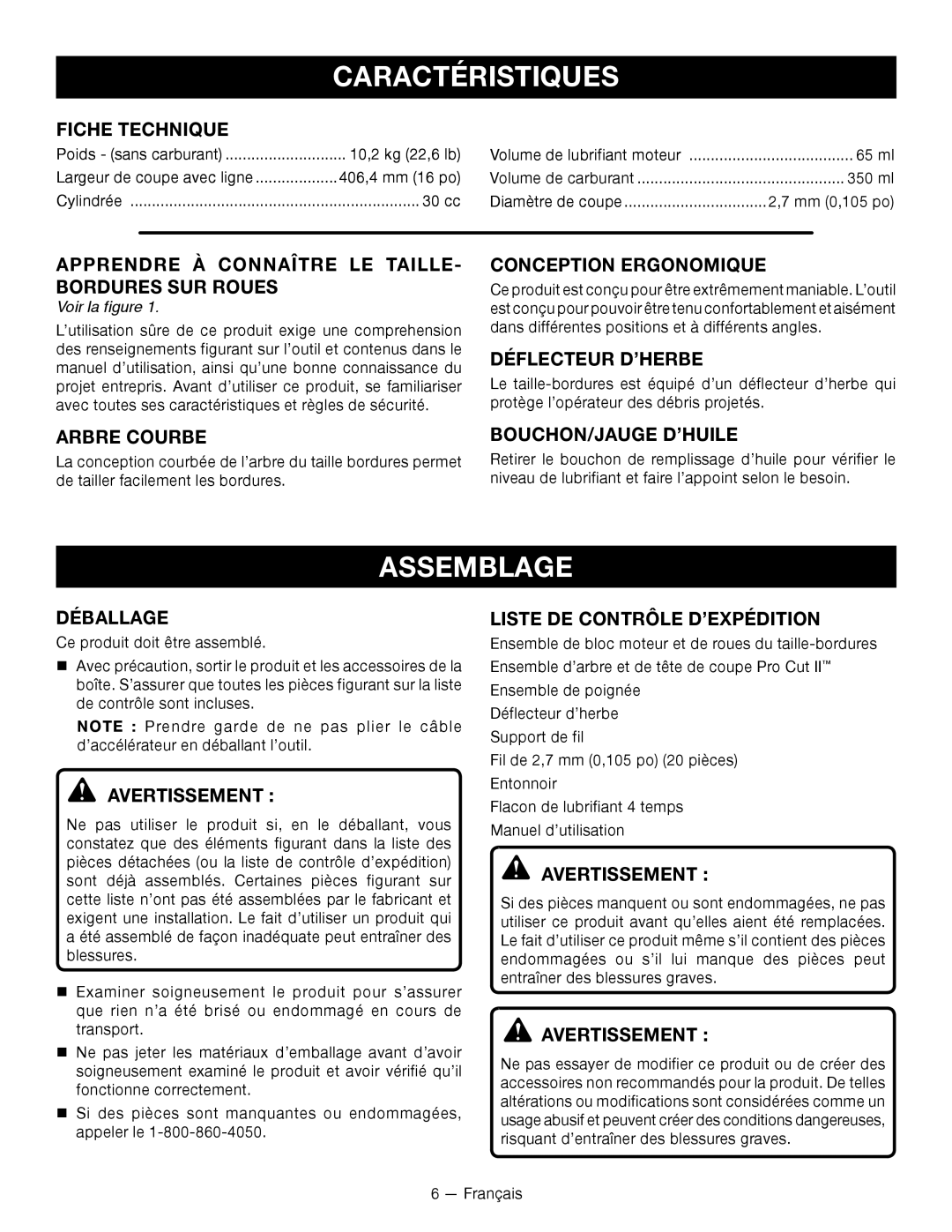 Ryobi RY13010 manuel dutilisation Caractéristiques 