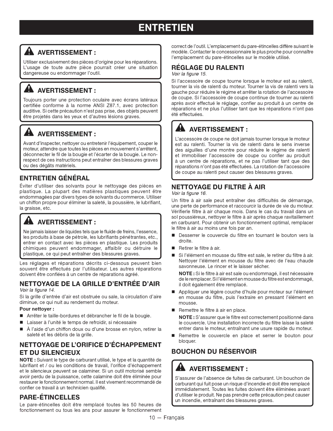 Ryobi RY13010 manuel dutilisation Entretien Général, Nettoyage DE LA Grille D’ENTRÉE D’AIR, Nettoyage DU Filtre À AIR 