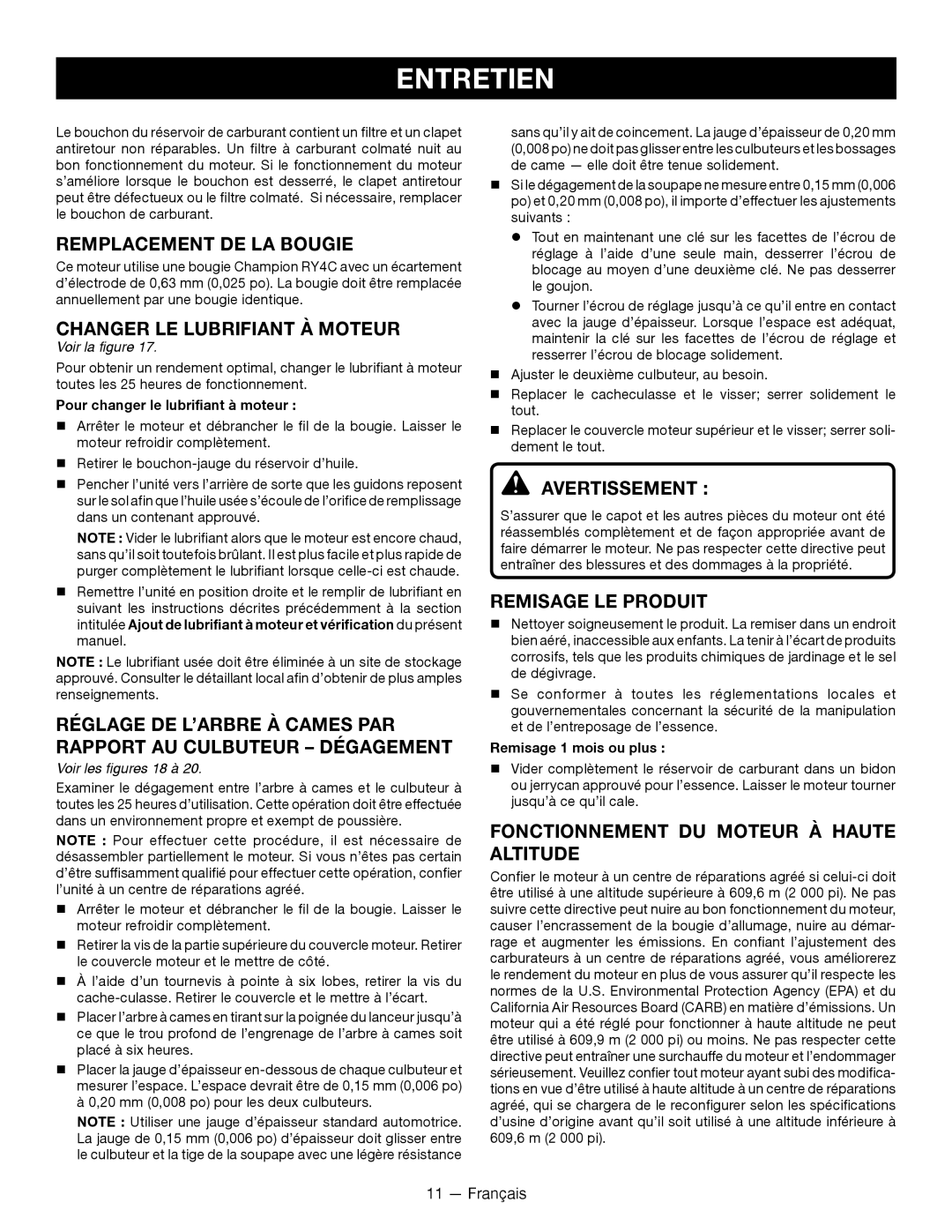 Ryobi RY13010 manuel dutilisation REMPLACement de la Bougie, Changer LE Lubrifiant À Moteur, Remisage le produit 