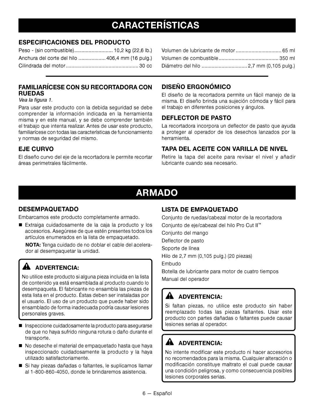 Ryobi RY13010 manuel dutilisation Características, Armado 