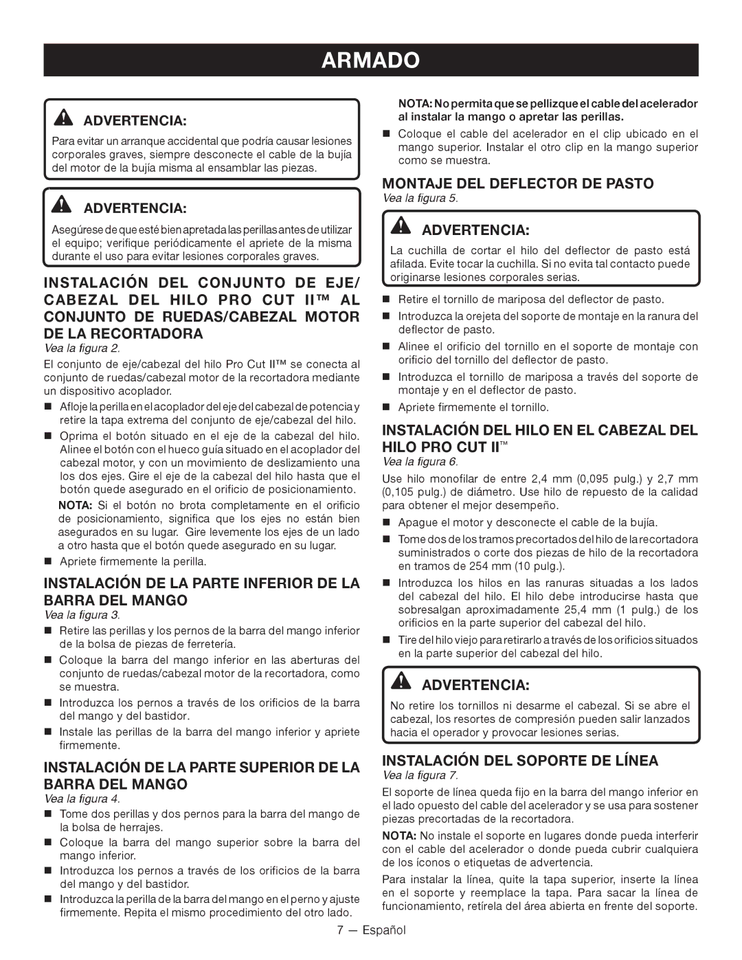 Ryobi RY13010 manuel dutilisation Instalación DE LA Parte Inferior DE LA Barra DEL Mango, Montaje DEL Deflector DE Pasto 